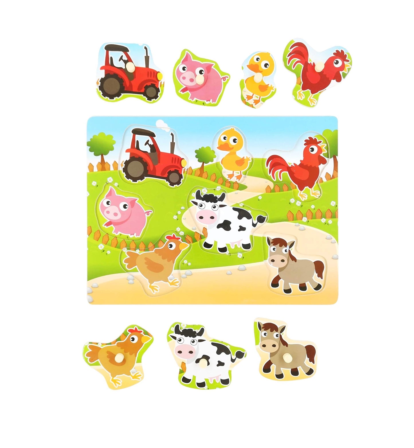 Wooden Puzzles Farm Chunky Baby Puzzles Peg Board, Full-Color Pictures for Preschool Educational Jigsaw Puzzles, 7Pieces