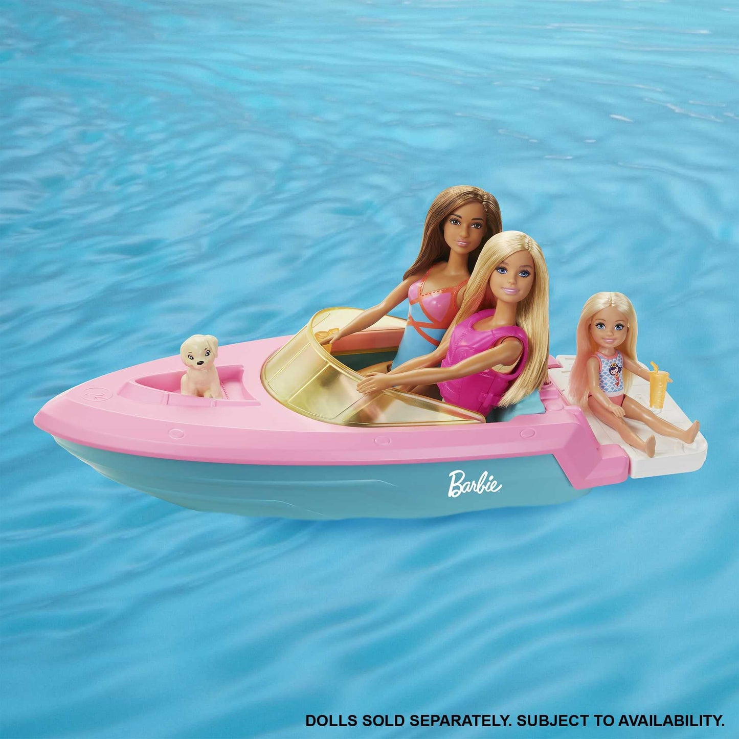 Barbie Boat with Puppy and Themed Accessories, Fits 3 Dolls, Floats in Water, Great Gift for 3 to 7 Year Olds