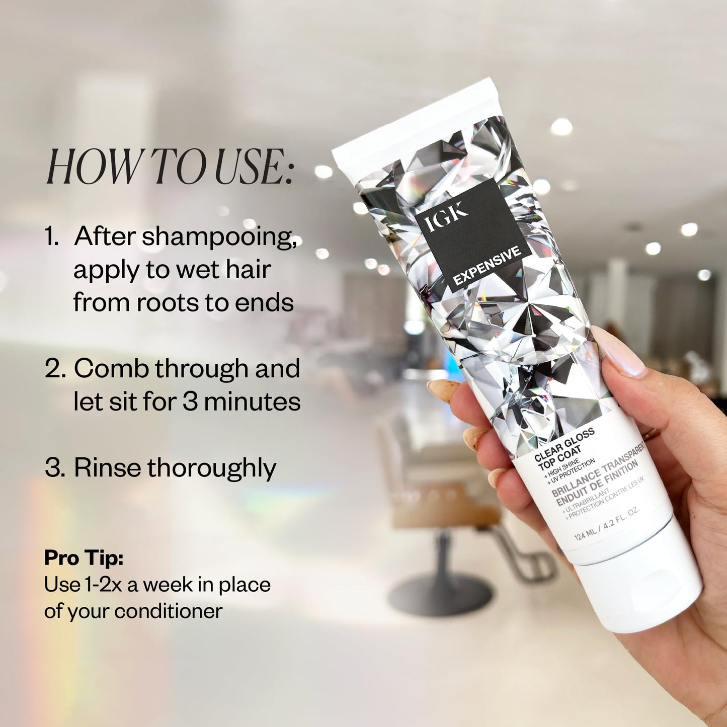 IGK EXPENSIVE Clear Hair Gloss Treatment – Shine-Boosting Top Coat for Smooth, Polished, Glass-Like Hair – Adds Sheen & Silkiness – Cruelty Free, 4.2oz