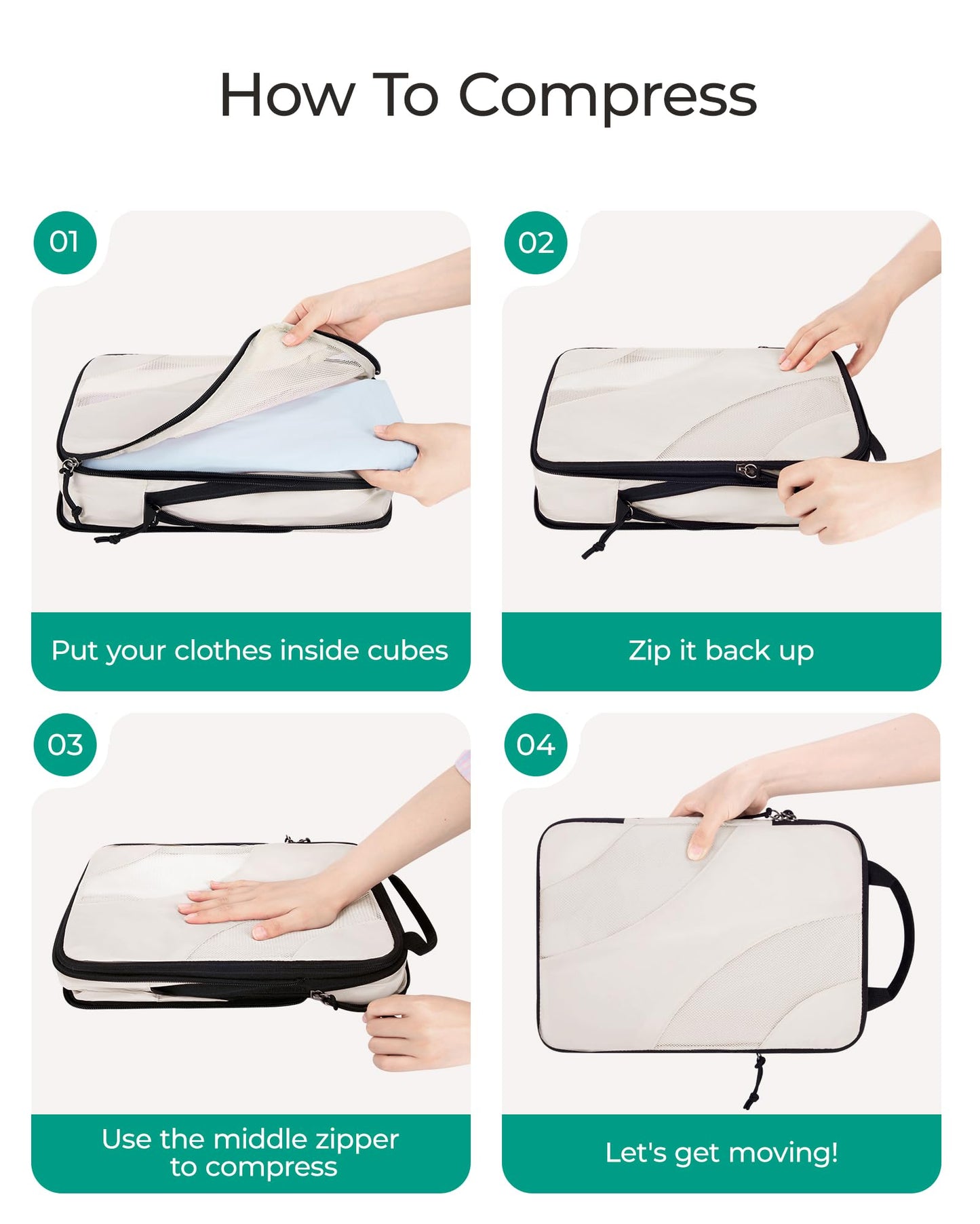 BAGSMART Compression Packing Cubes 6 Set – Lightweight Travel Suitcase Organizers Bag Set for Luggage, White Opal