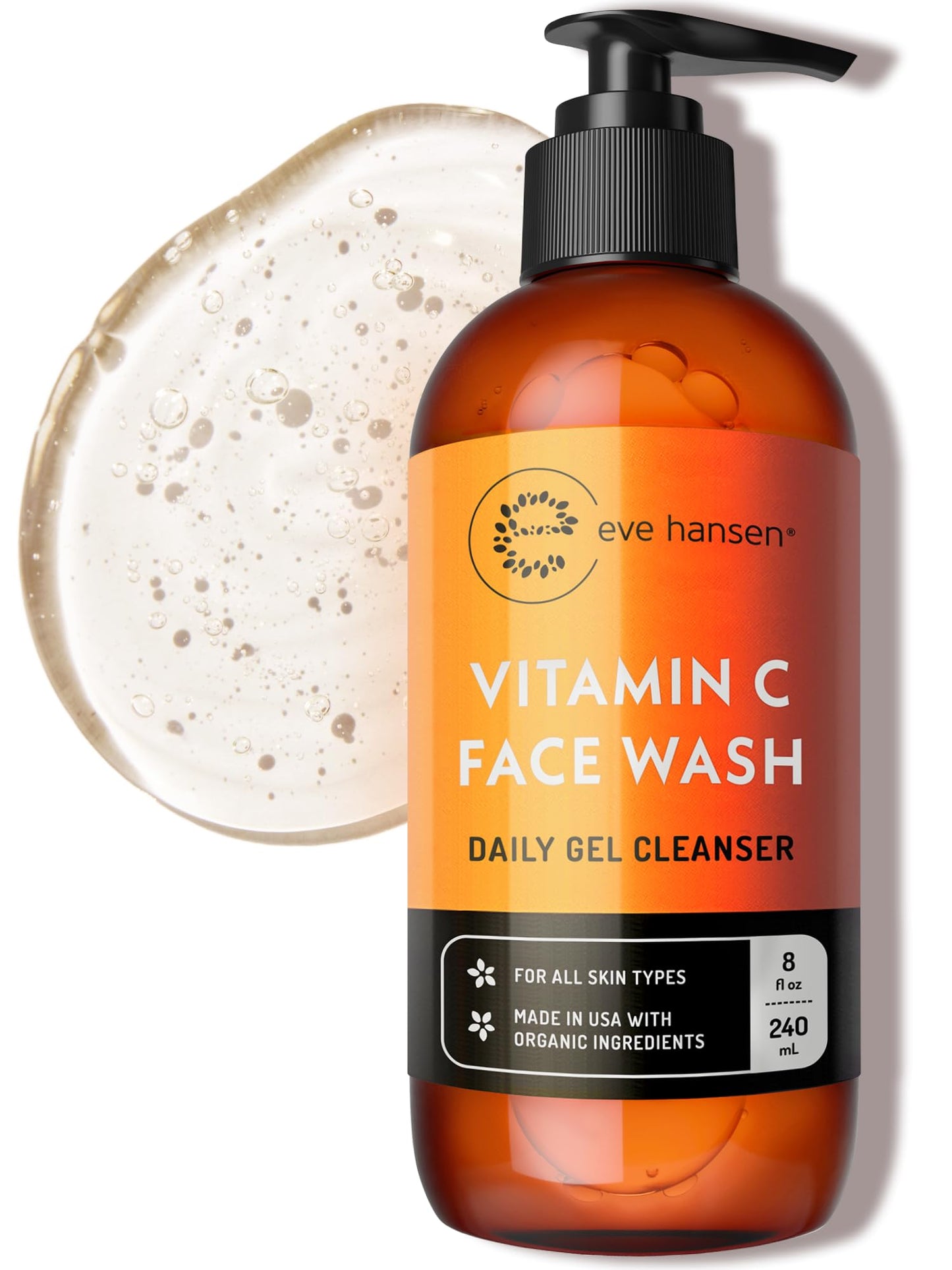 Vitamin C Face Cleanser 8 oz – Gentle Gel for Uneven Skin, Age Spots & Fine Lines, with Aloe Vera, Green Tea & Ginseng