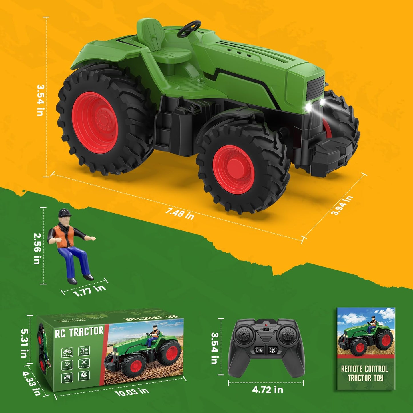 RC Tractor Toy for Kids 3-5, 1:24 Scale Remote Control Farm Tractor with Farmer & Light, Rechargeable Toddler Toy Set Birthday Gift