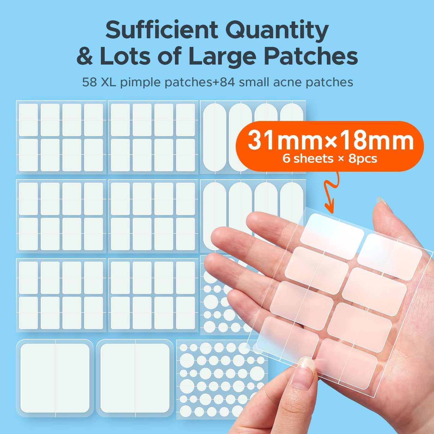 Large Pimple Patches for Face & Body – 7 Sizes XL Hydrocolloid Acne Bandages for Chin, Forehead, Nose, Back – 142 Count (Square, Strip, Dot)