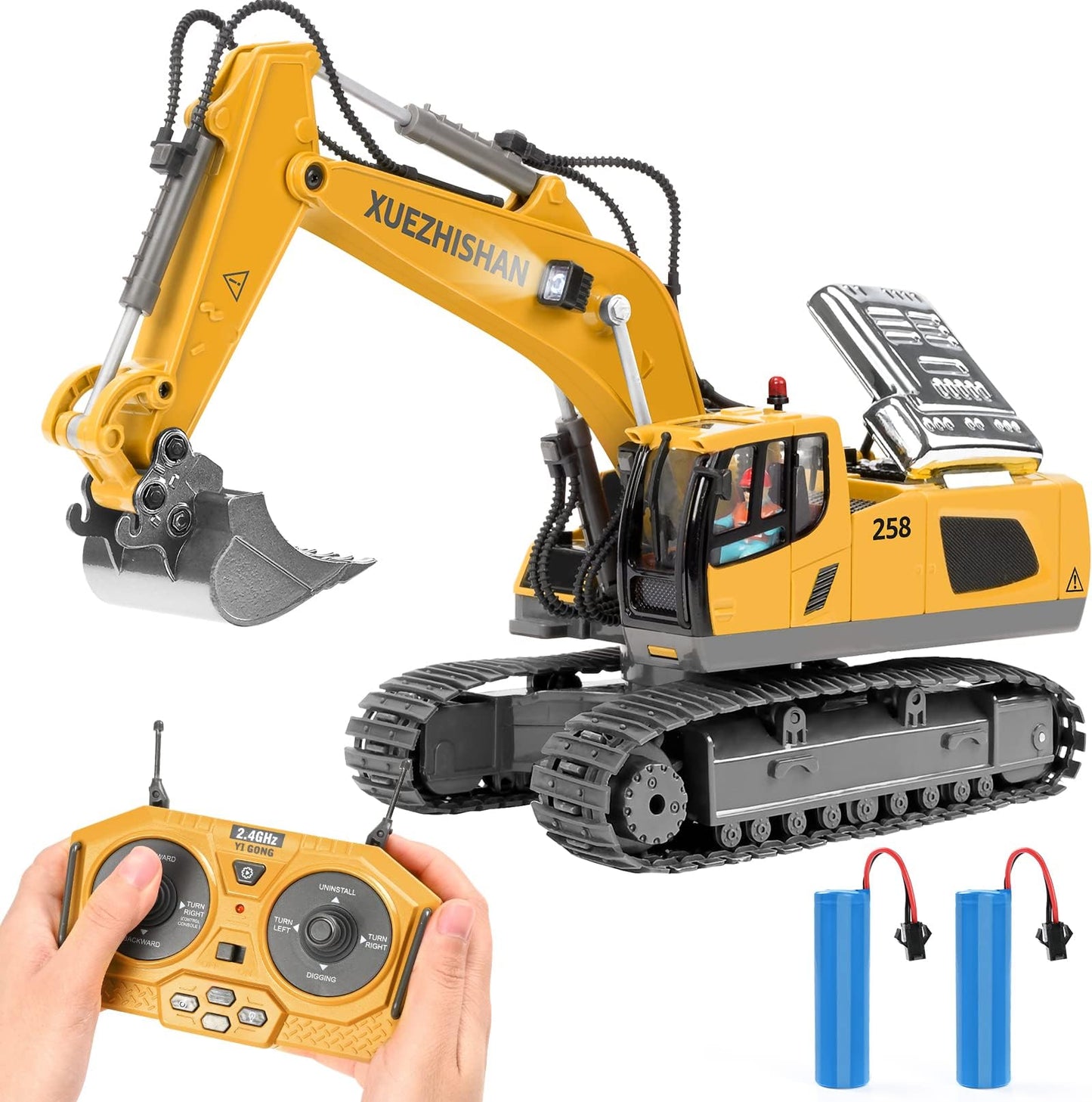 KidsFaves Remote Control Excavator Toy for Boys, 680° Turn, Metal Shovel, Lights & Sounds, 2 Batteries, Construction Toy Gift Ages 3-8
