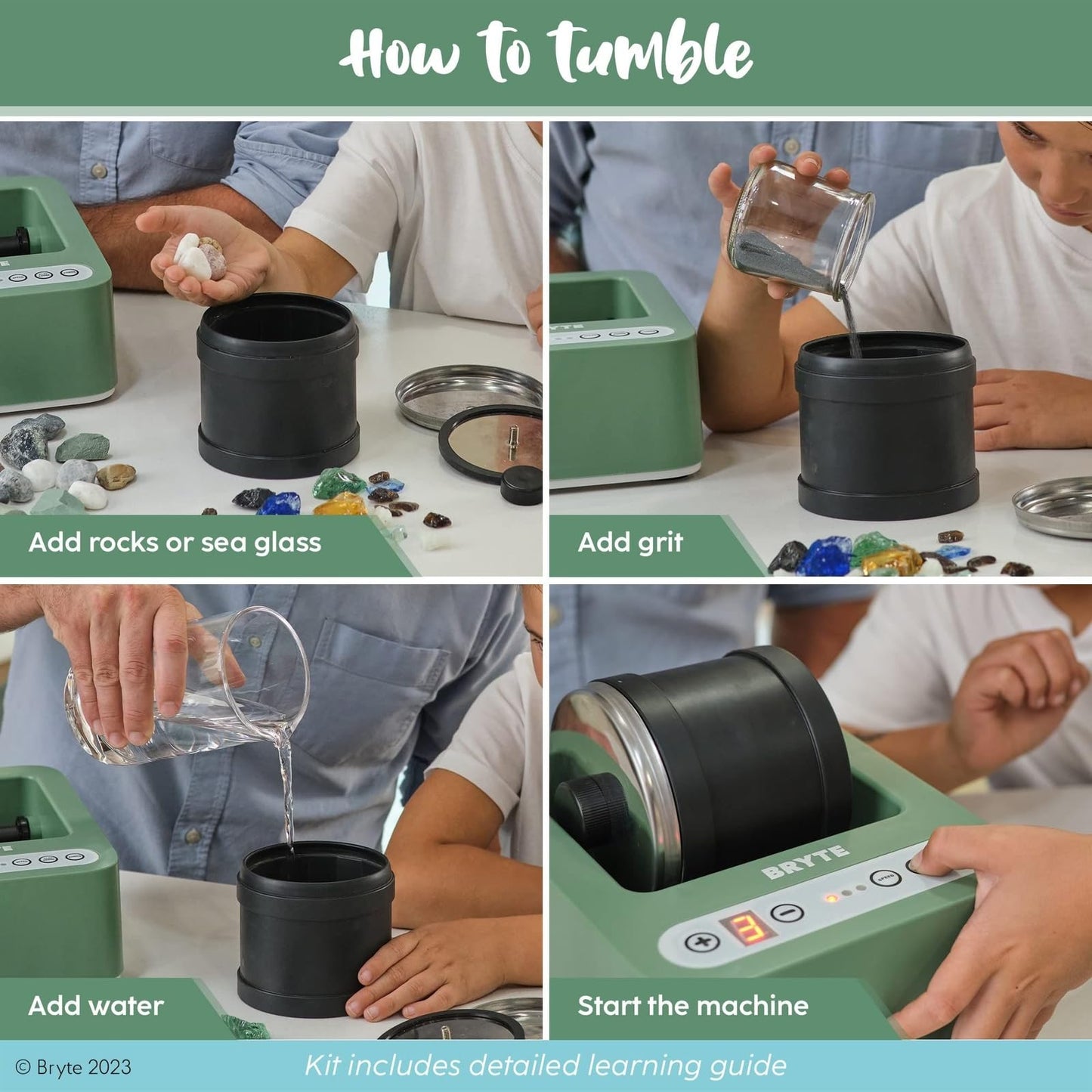 BRYTE Rock Tumbler & Polisher, Medium Mint Green, 3-Speed, 9-Day Timer, Quiet Motor – Sea Glass & Indoor Tumbling Kit, Ages 8+