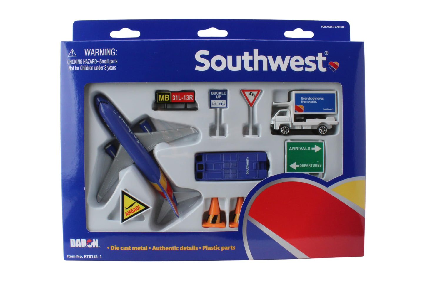 Daron Southwest Airlines Airport Playset with Die-Cast Metal Model Airplane with Plastic Parts, Cars and Transportation Toys for Kids Ages 3+