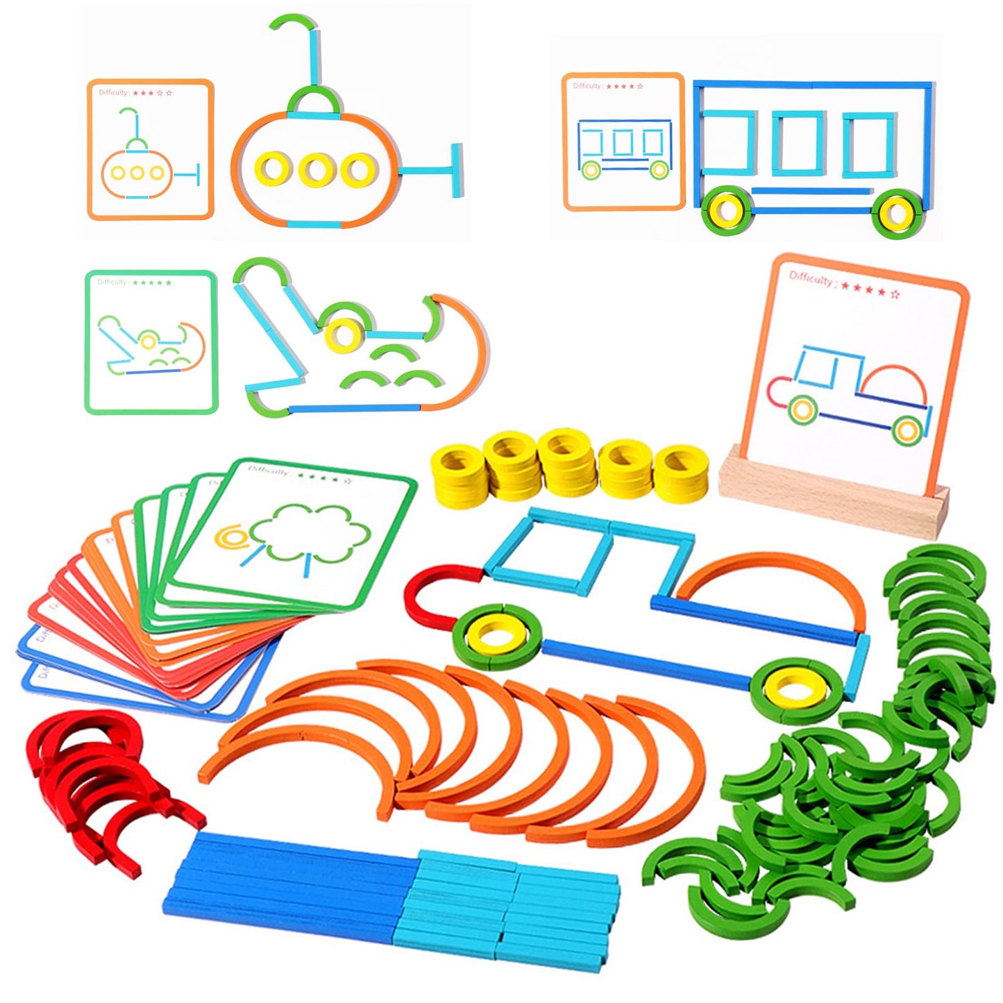 142pcs Wooden Pattern Blocks & Tangram Puzzle Set ā STEM Brain Teaser, Montessori Activity Toy for Kids Ages 3-5, Gift for Boys & Girls