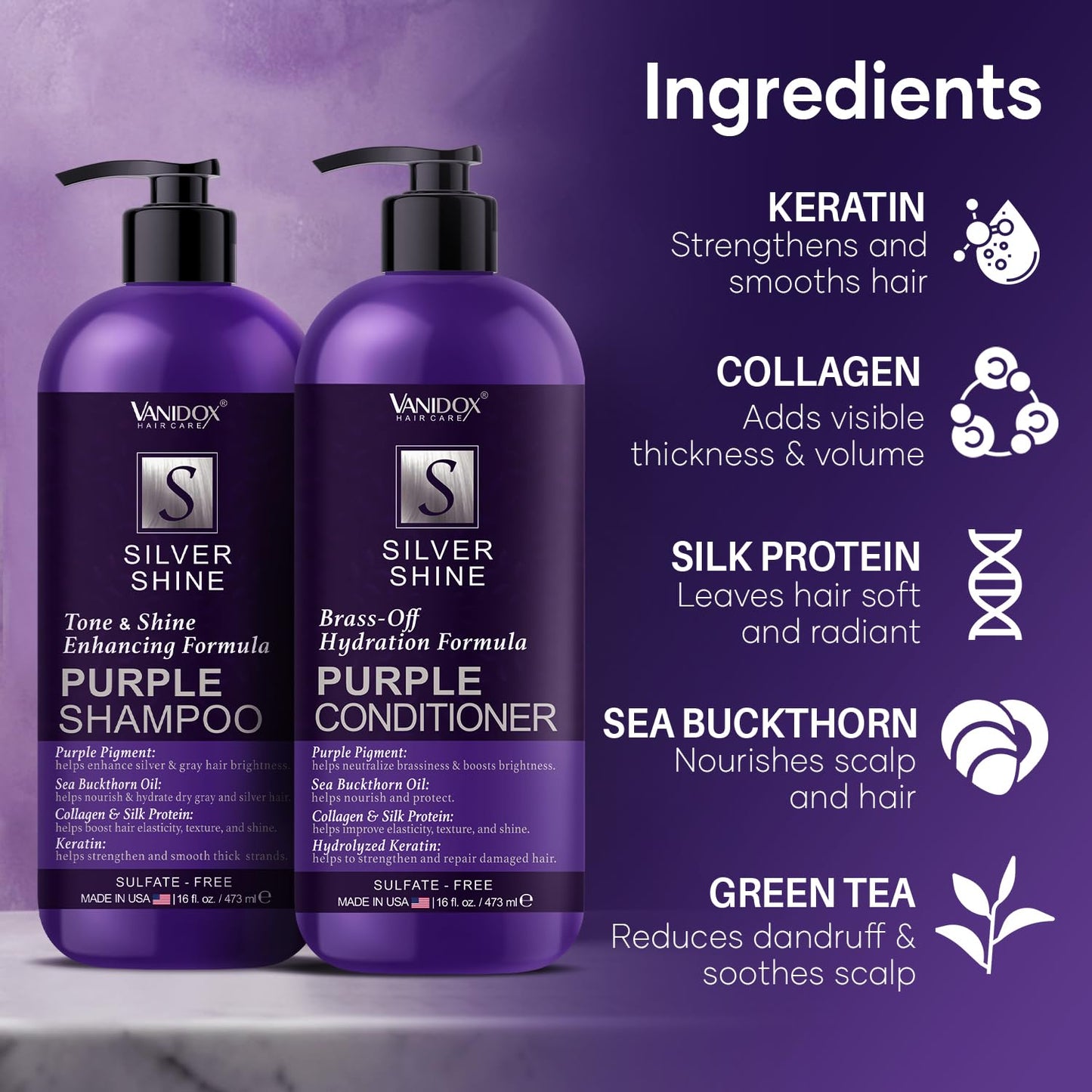 VANIDOX Purple Shampoo & Conditioner Set for Gray & Silver Hair, Sulfate-Free, Moisturizing, Color-Safe, Boosts Shine & Brightness, 16 fl oz Each