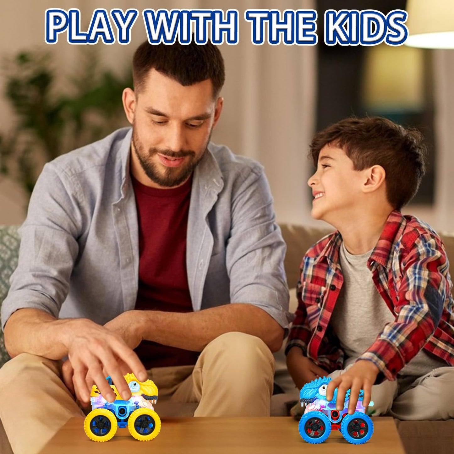 TQBYNJ Light-Up Dinosaur Monster Truck – Push & Go Friction Car Toy for Toddlers Boys & Girls Ages 2-6 – Birthday Easter Gift (Blue)