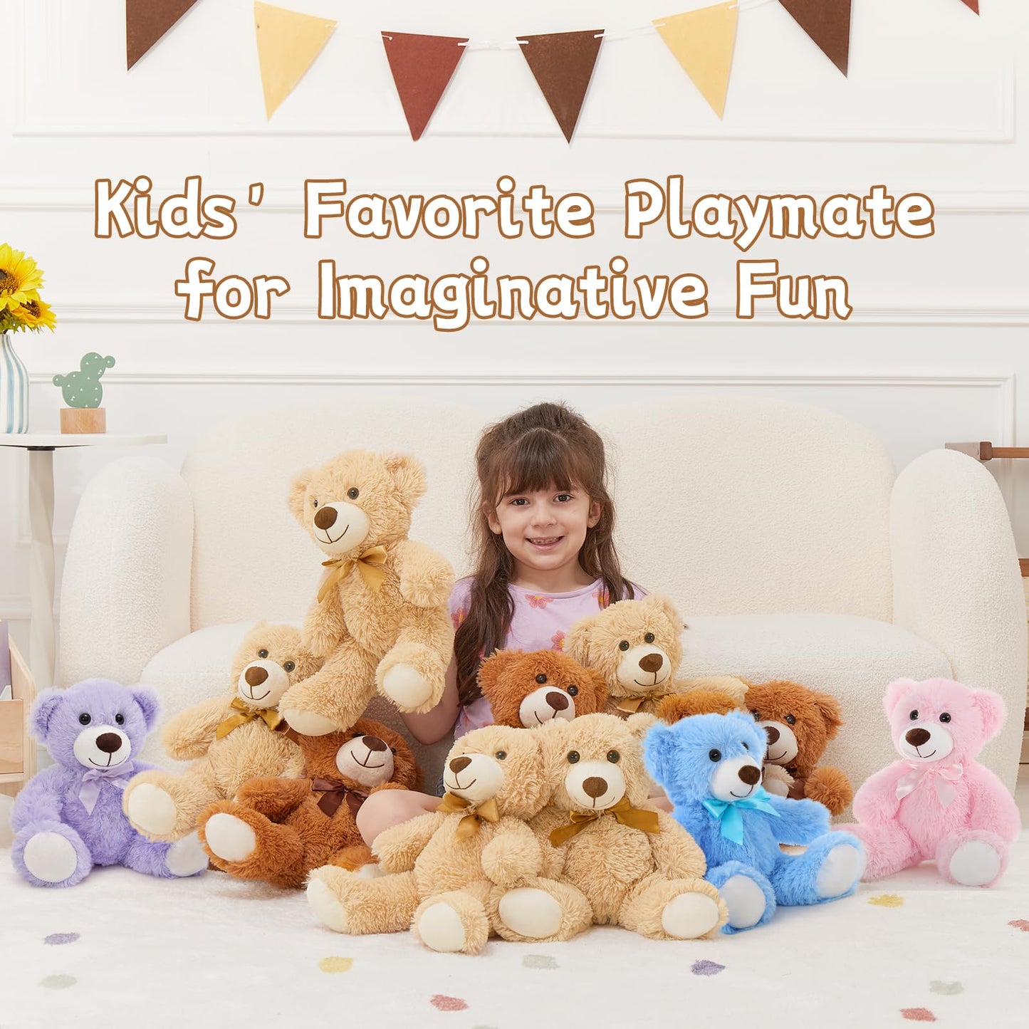 MorisMos 3 Pack 14" Teddy Bears, Cute Small Plush Stuffed Animals, Soft Little Bears for Kids, Baby Shower & Party Centerpieces