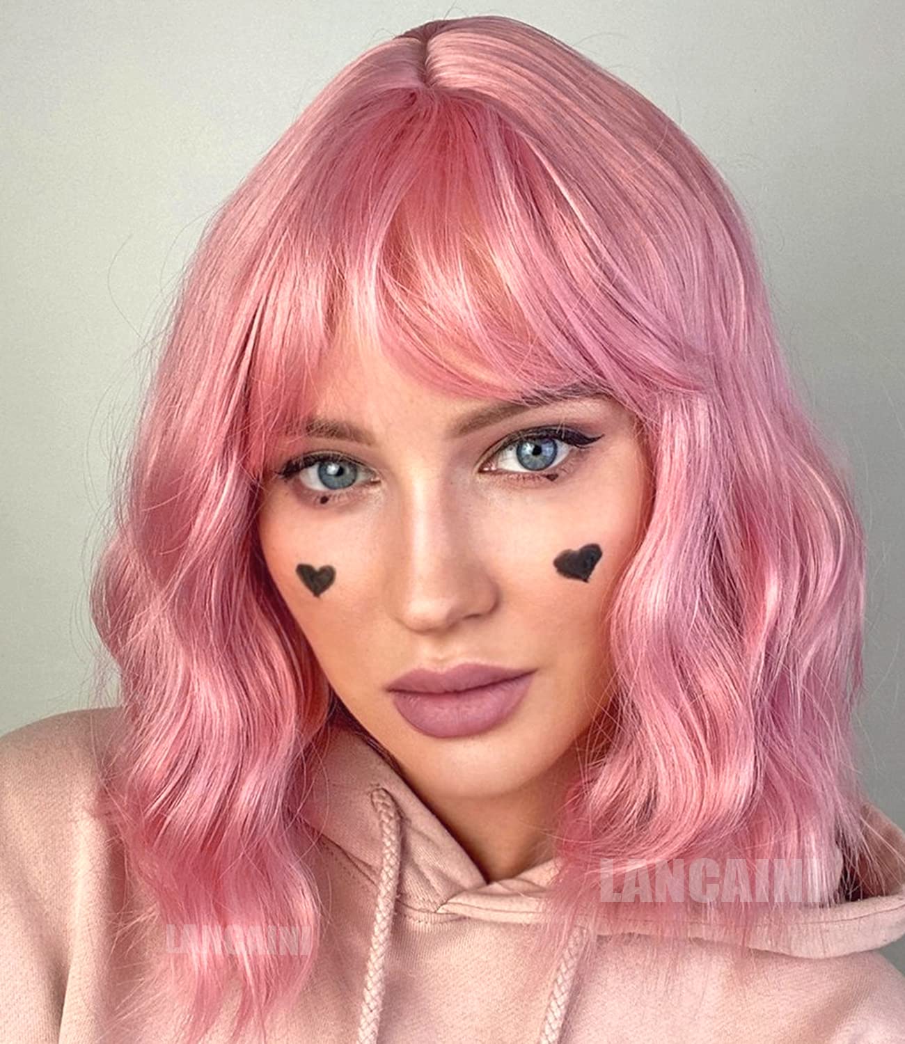 LANCAINI Pastel Pink Bob Wig with Bangs for Women – Wavy Shoulder-Length Synthetic Cosplay Wig, Soft Loose Waves, Colorful Costume Hair