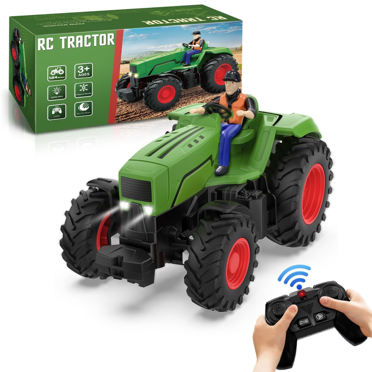 RC Tractor Toy for Kids 3-5, 1:24 Scale Remote Control Farm Tractor with Farmer & Light, Rechargeable Toddler Toy Set Birthday Gift