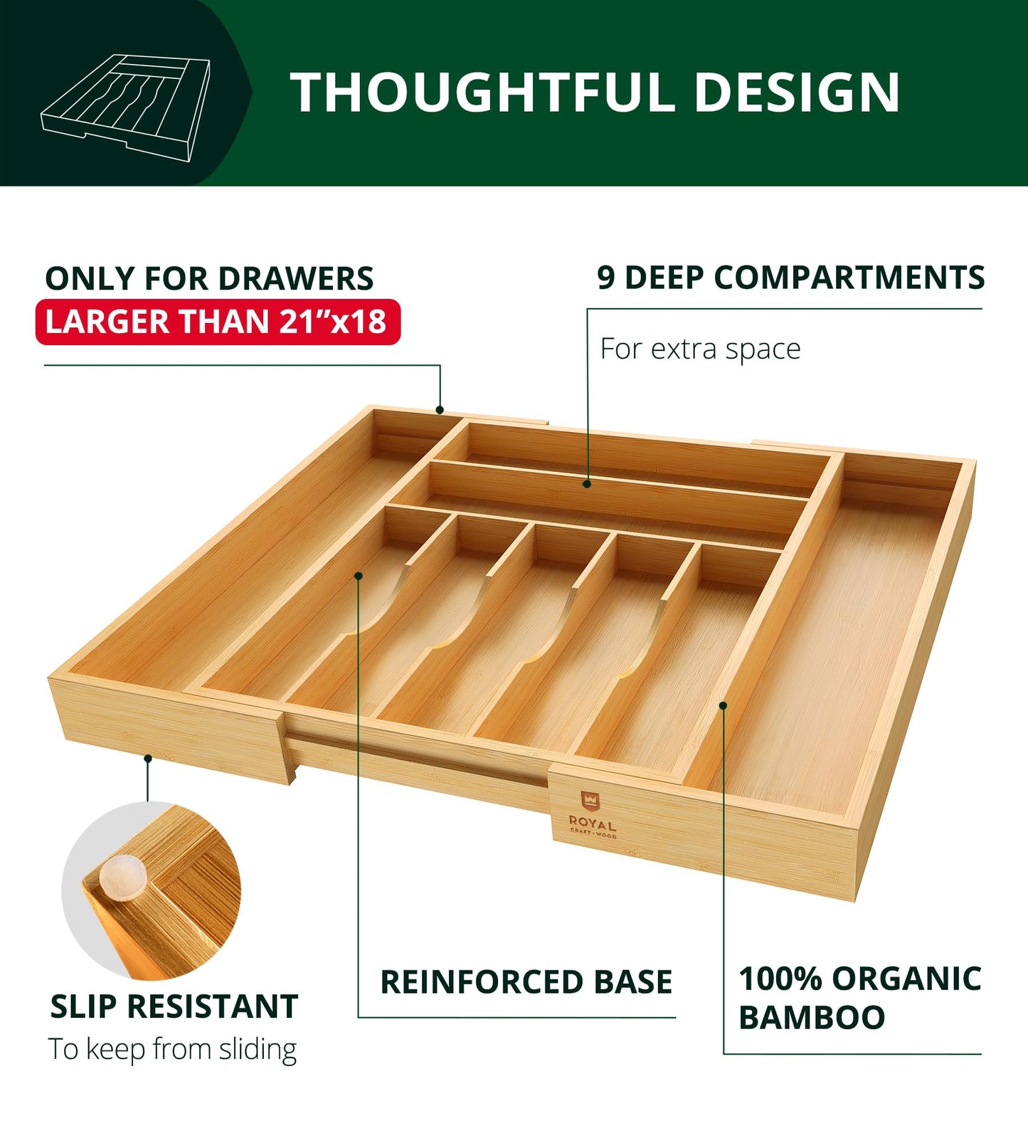 ROYAL CRAFT WOOD Bamboo Kitchen Drawer Organizer β 9-Slot Silverware, Utensil & Cutlery Tray Divider, Natural Finish
