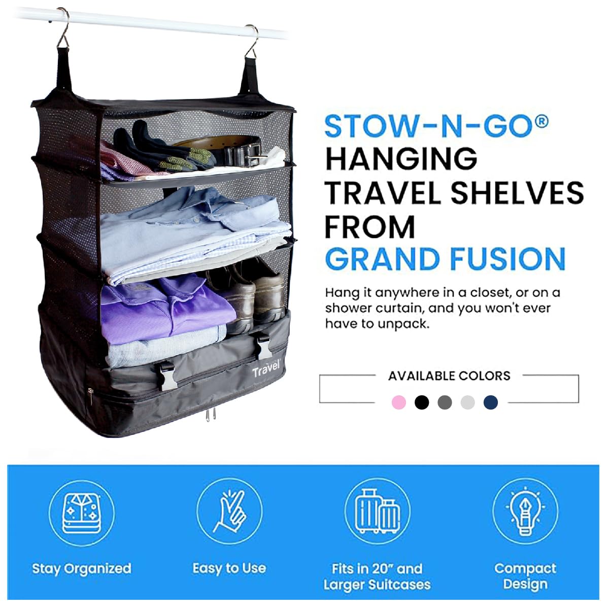 Grand Fusion Stow-N-Go Travel Luggage Organizer XL – Portable Hanging Packing Cubes & Carry-On Closet Organizer for Cruises & Hotels, Black