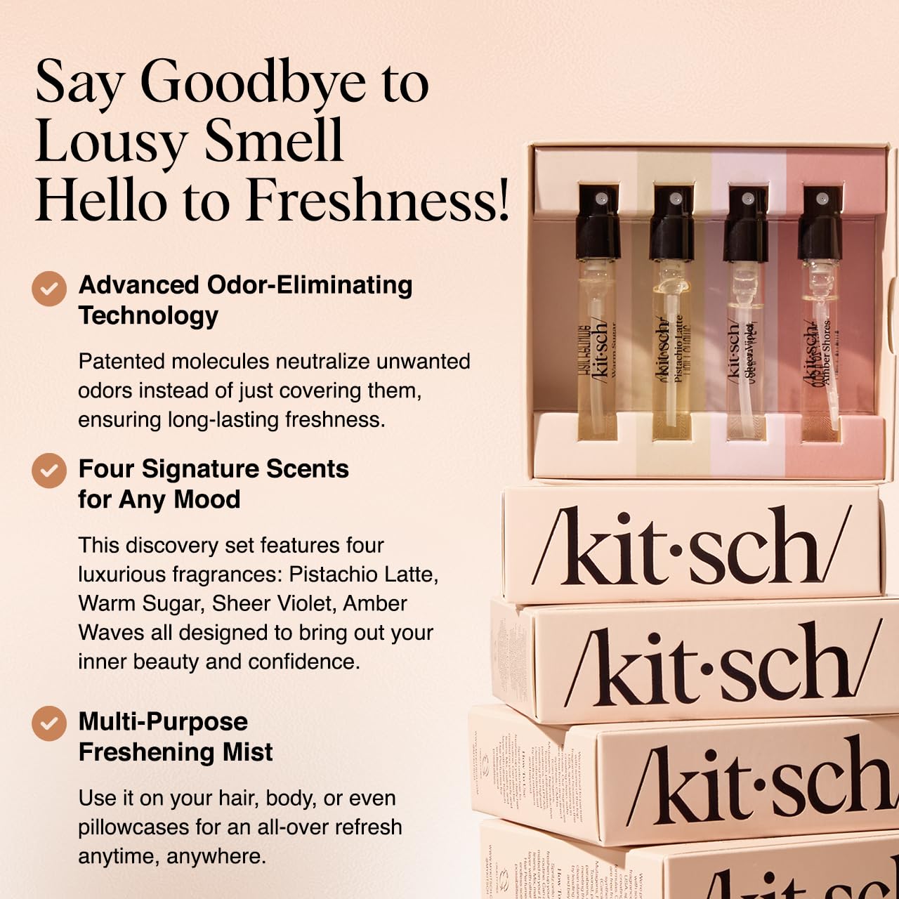 Kitsch Hair Perfume Discovery Set for Women – Pistachio Latte, Warm Sugar, Sheer Violet & Amber Waves – Odor-Eliminating Hair & Body Mist, 4 x 1.5ml