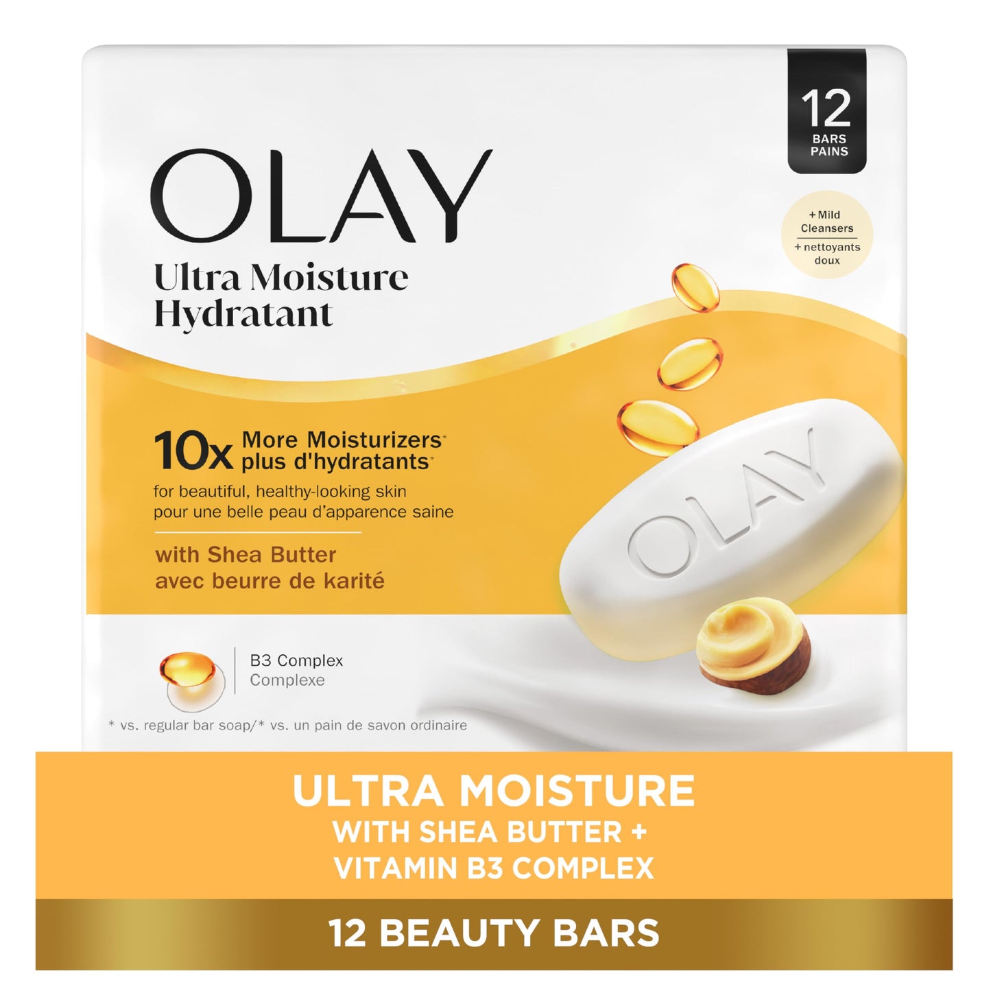 Olay Ultra Moisture Beauty Bar Soap, 3.17 oz, Pack of 12 – 10x Moisturizers, Vitamin B3, Shea Butter Scent, Gentle for All Skin Types