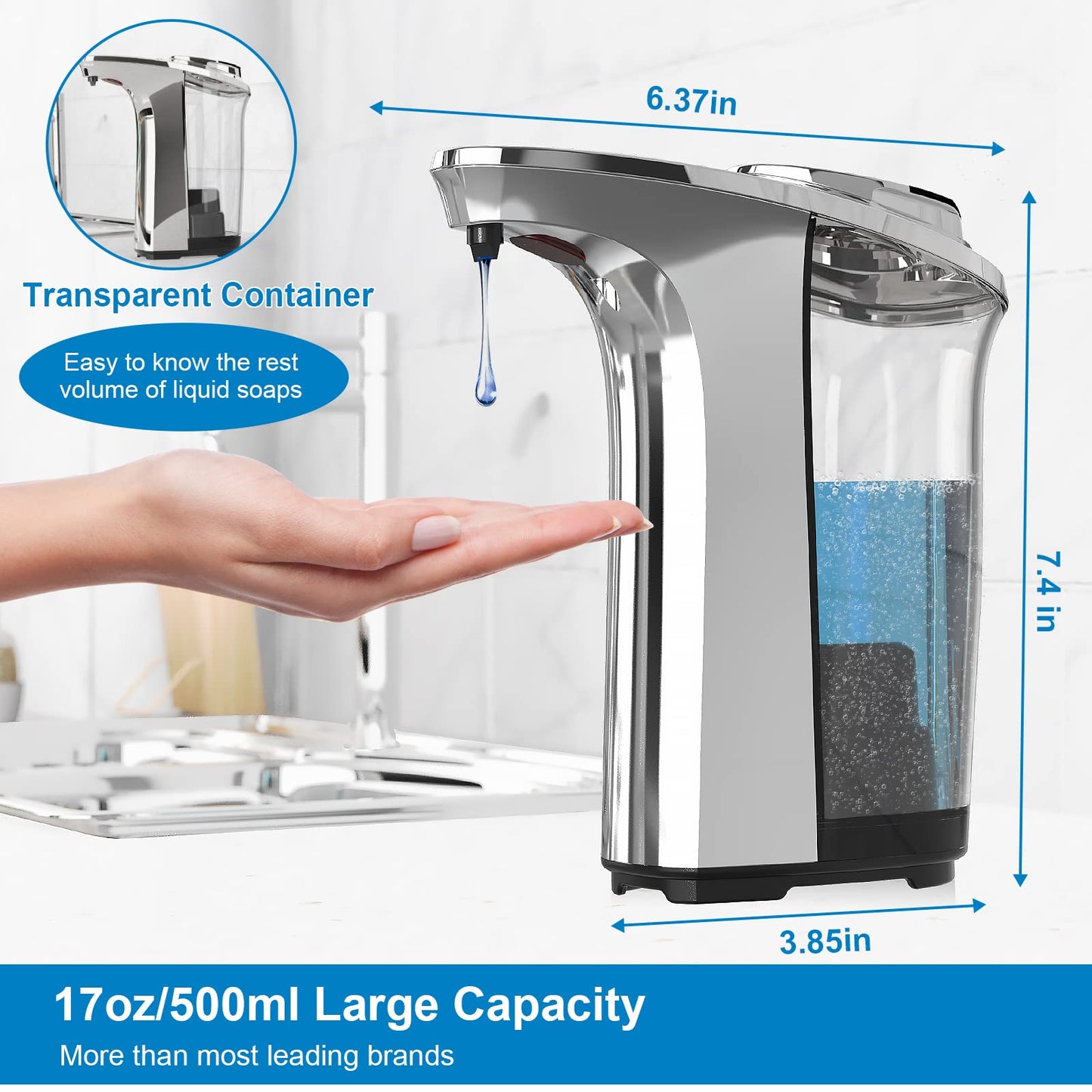 PZOTRUF Touchless Automatic Soap Dispenser, 17oz, Infrared Sensor, 5 Levels, for Bathroom & Kitchen Liquid Soap (Silver)