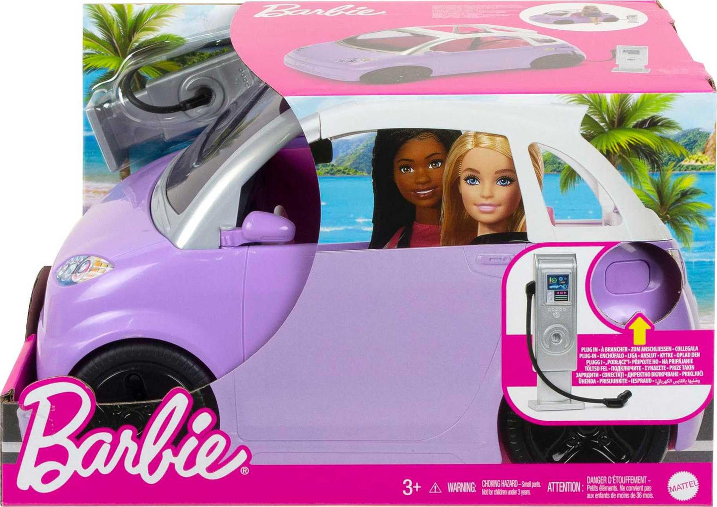 Barbie Doll Accessories, Toy Car Electric Vehicle with Charging Station, Plug & Sunroof, Purple 2-Seater Transforms into Convertible