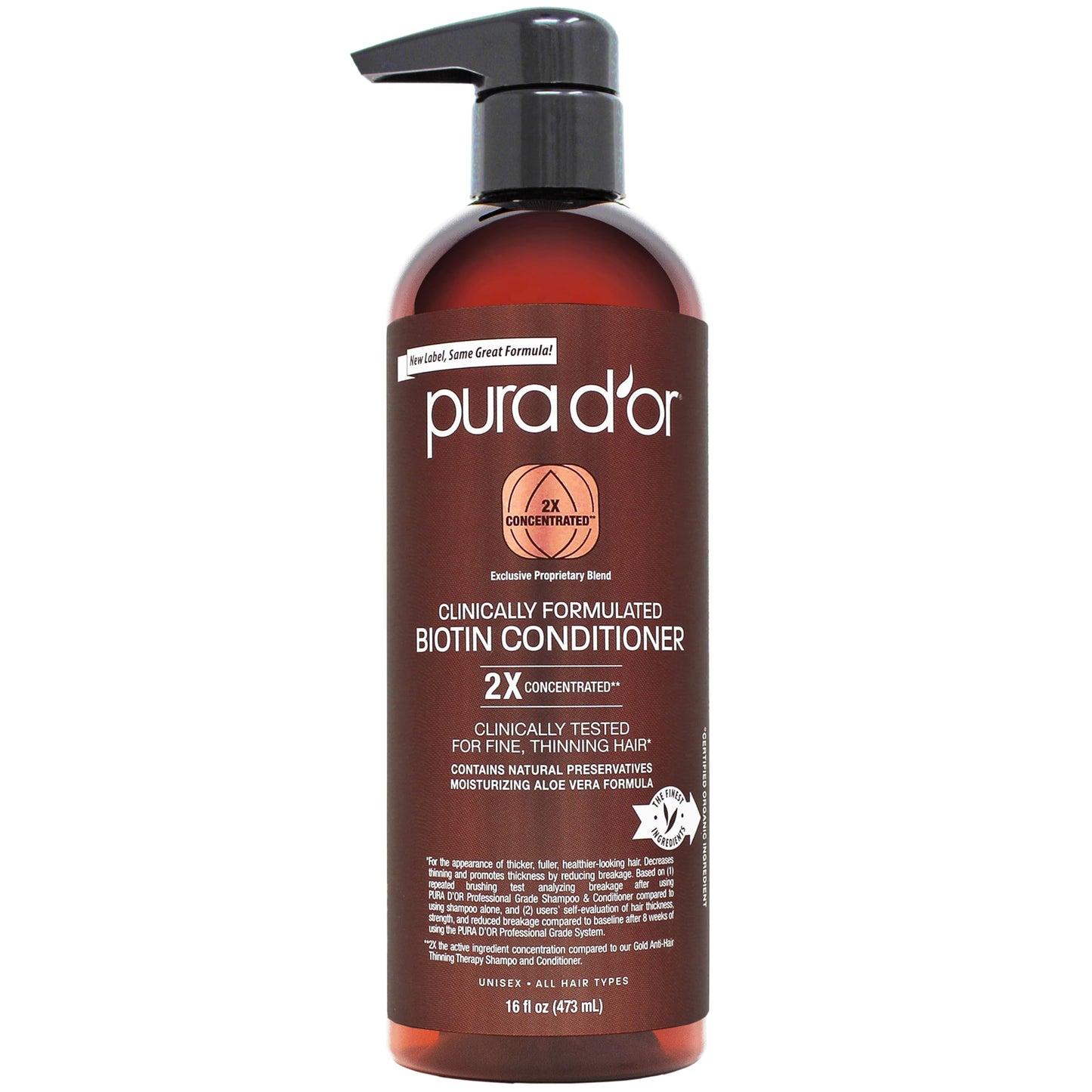 PURA D'OR Biotin Conditioner 16oz – 2X Concentrated Herbal Blend for Thinning Hair – Daily Hair Thickening & Strengthening Formula for Men & Women