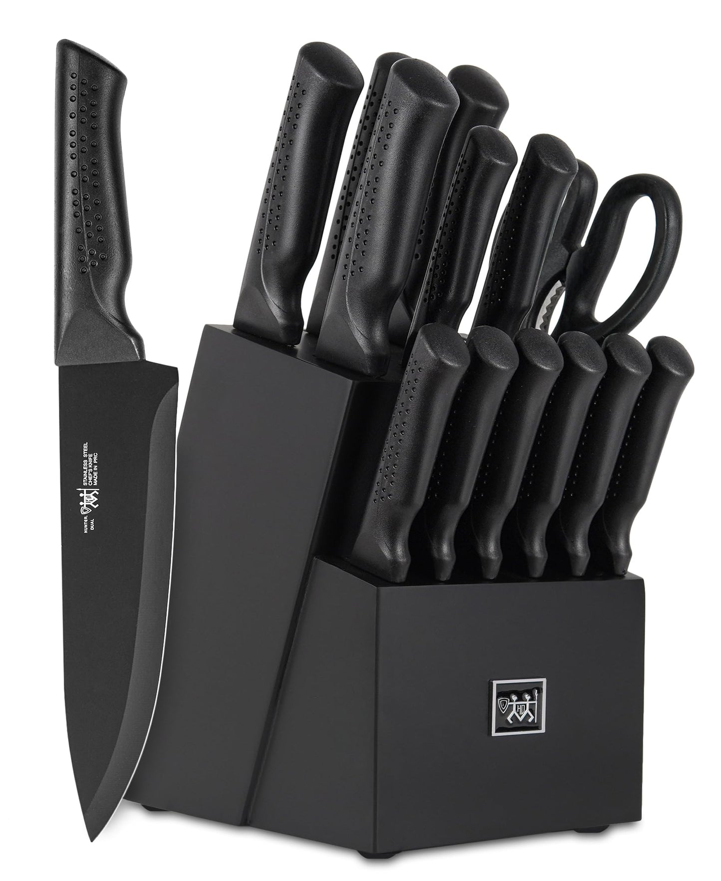15-Piece Kitchen Knife Set with Block – Self-Sharpening, Dishwasher Safe, Anti-Slip Handles, Includes 6 Steak Knives, Black