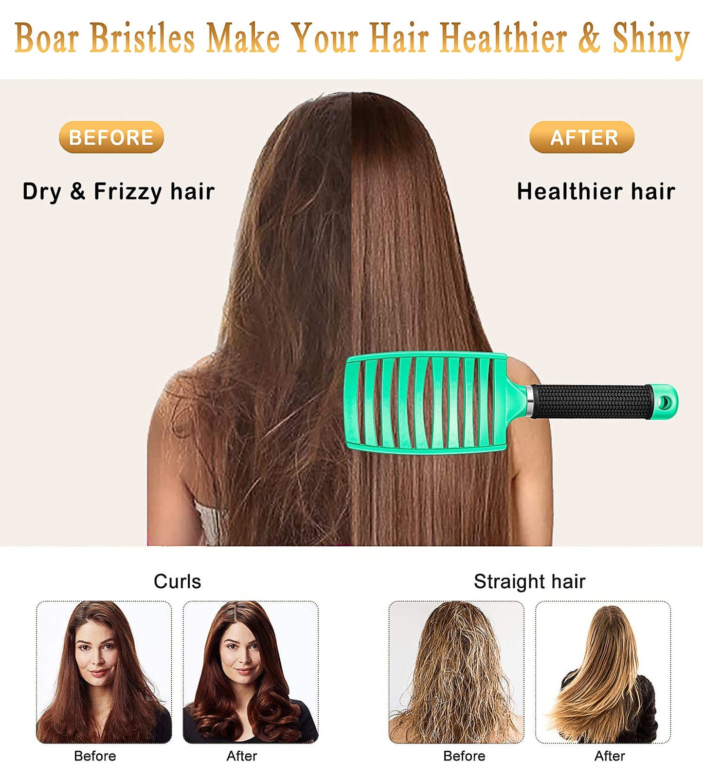 KTKUDY Detangling Brush with Boar Bristles – Curved & Vented Hairbrush for Wet or Dry Hair – Adds Shine & Reduces Frizz for Women, Men & Kids, Light Green