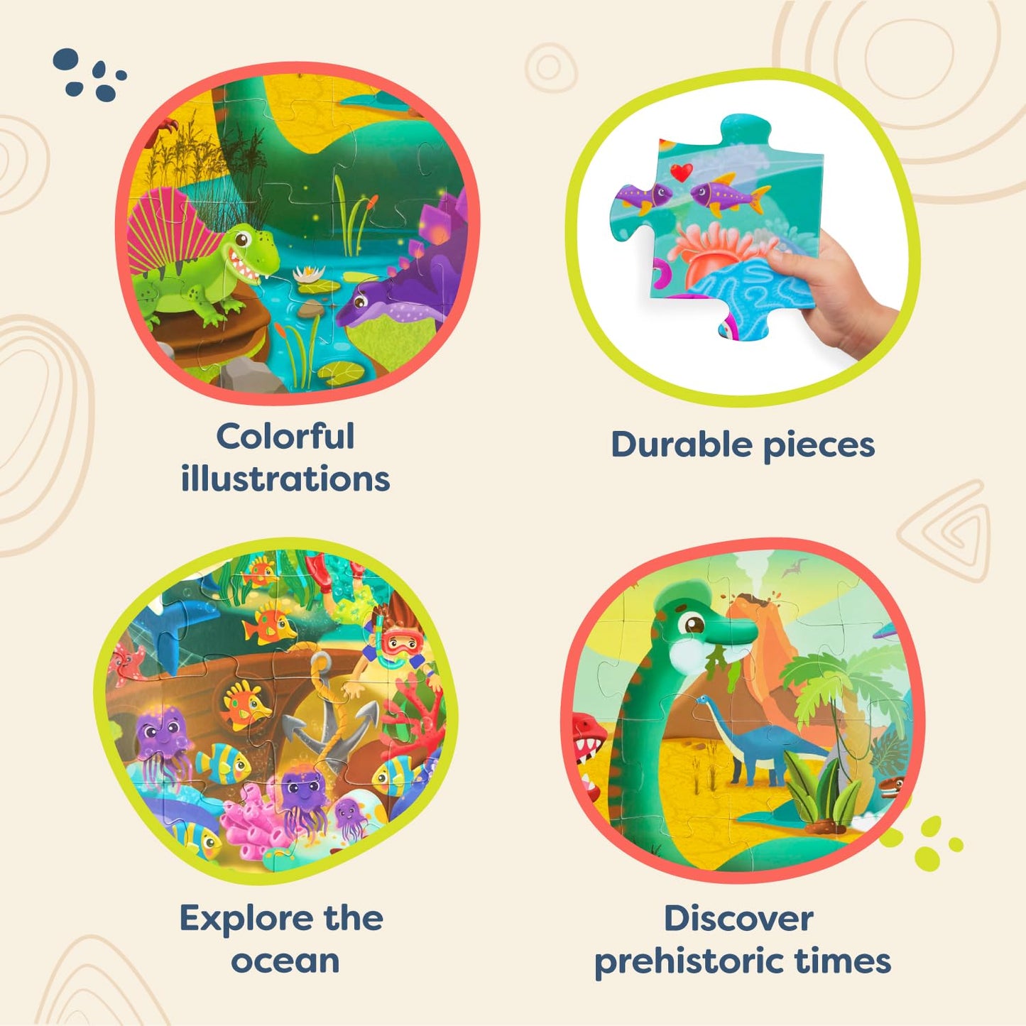 B. toys Gigantic 2-Pack Floor Puzzle – Sea & Dinosaur 48-Piece Jigsaw for Kids, 2x3 Ft Large Educational Puzzle for Toddlers 3+