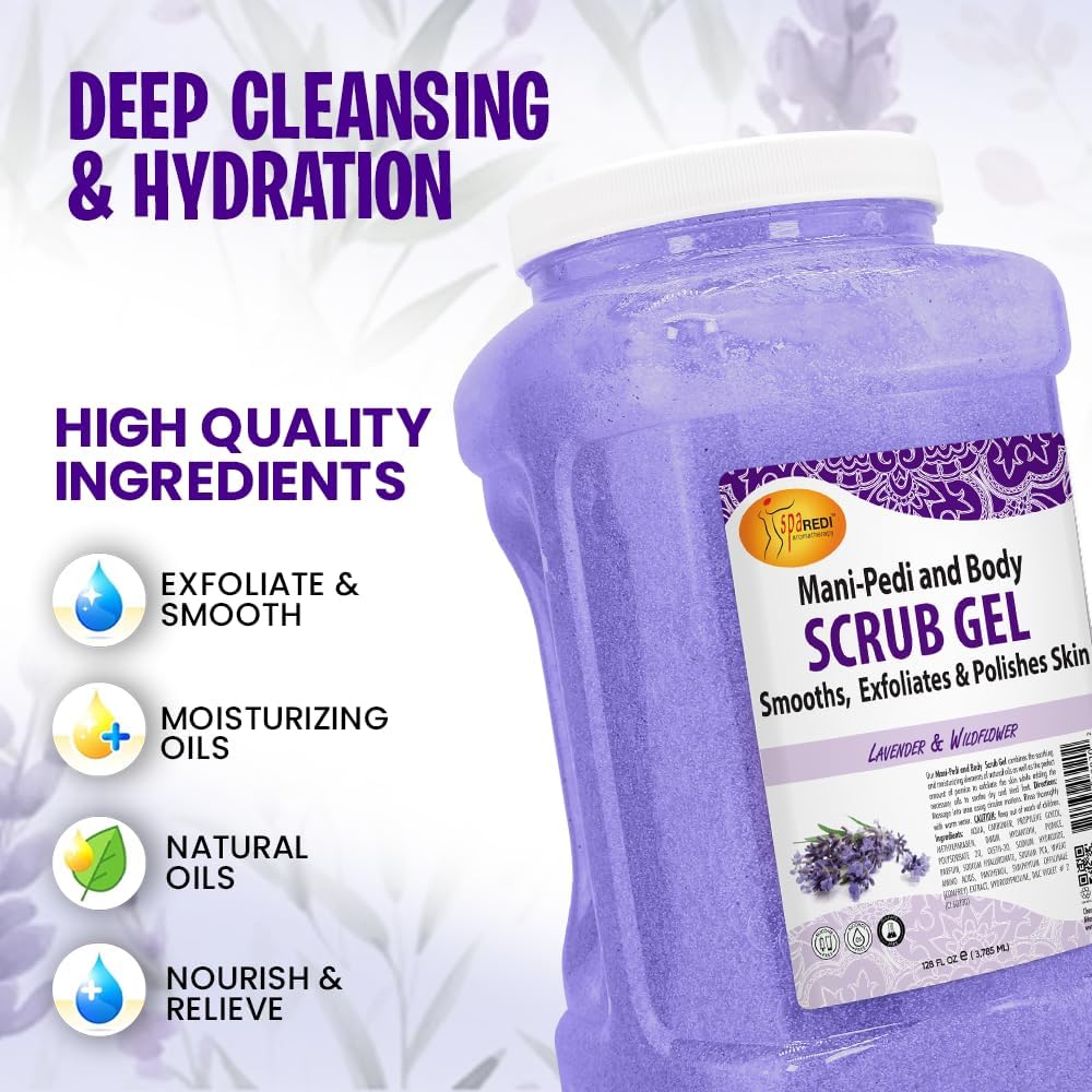 SPA REDI Exfoliating Pumice Gel Scrub, Lavender & Wildflower, 128 Oz – Manicure, Pedicure & Body Scrub with Hyaluronic Acid & Panthenol