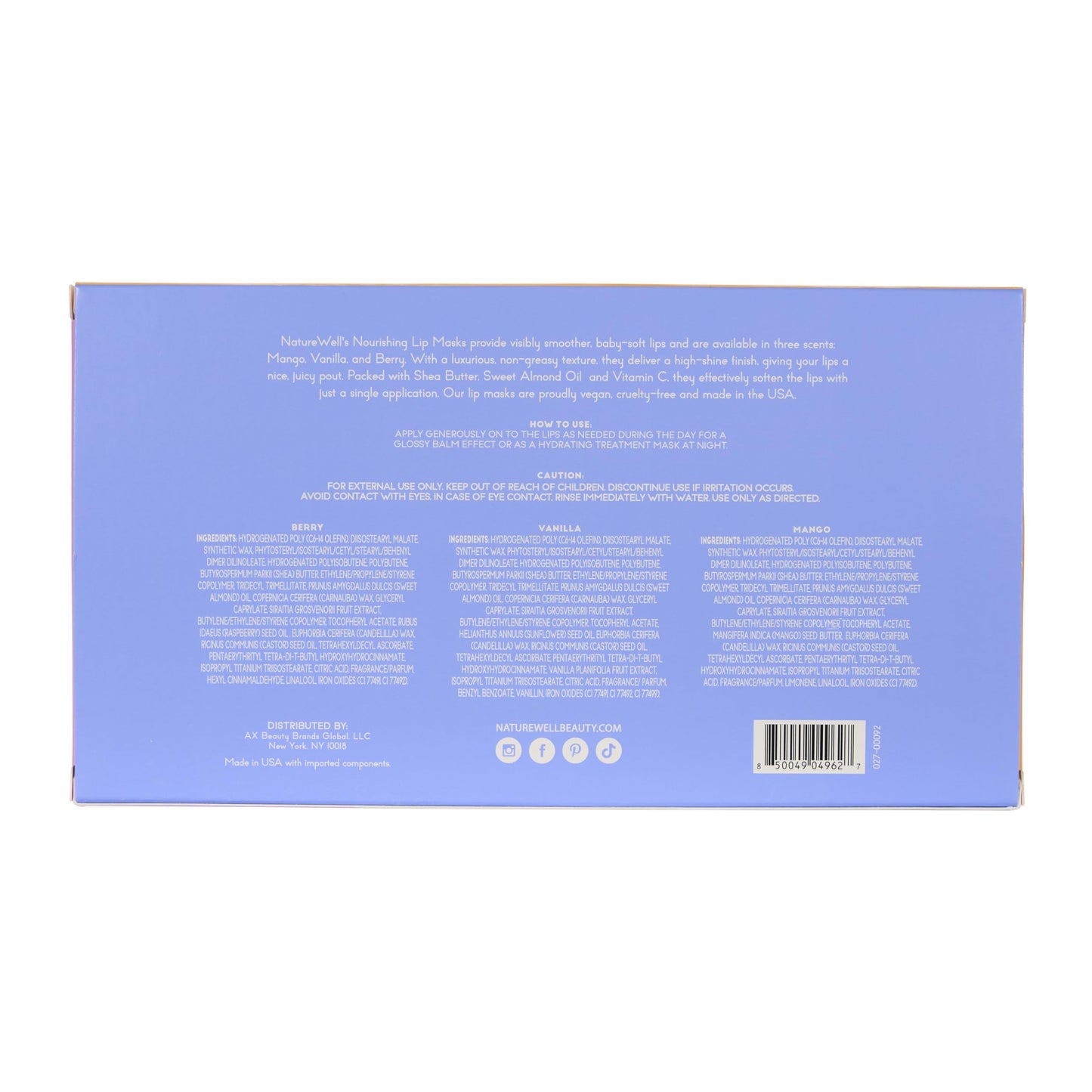 NATURE WELL Hydrating Lip Masks 3-Pack – Mango, Vanilla & Berry, High-Shine, Non-Greasy, Softening & Conditioning, 0.70 oz