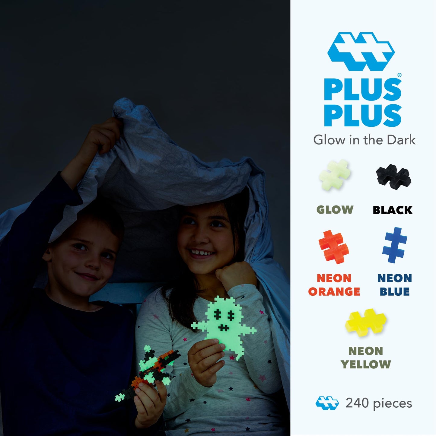 Plus Plus 240 Piece Interlocking Building Blocks for Kids, Open Ended Connecting Toys, Stem Bin Classroom Mini Manipulatives - Glow in Dark Play Tube