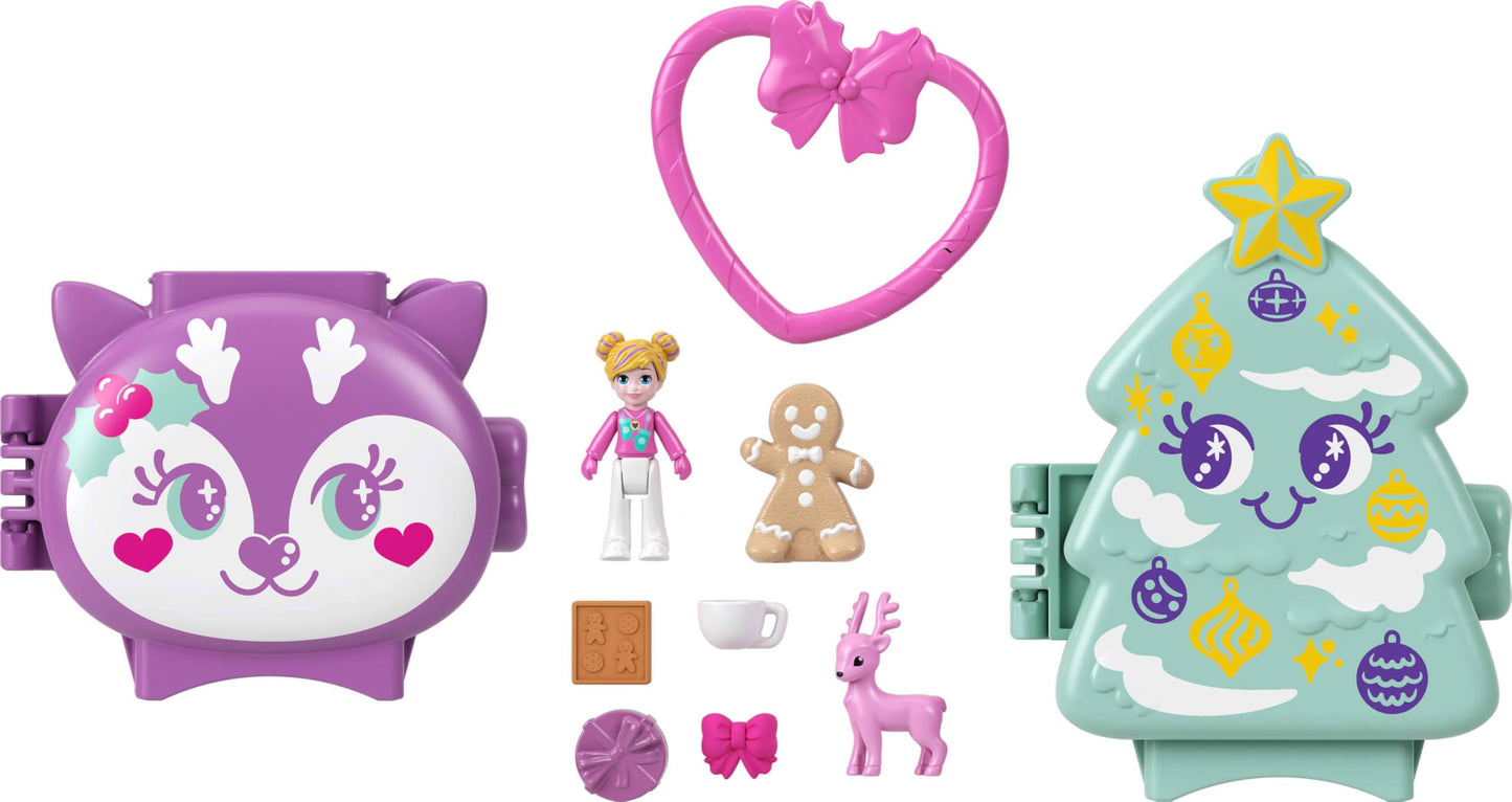 Polly Pocket Mini Toys, Holiday Stackable Compact Playset Bundle with Micro Doll, Accessories, Pet Animal, Travel Toy with Clip