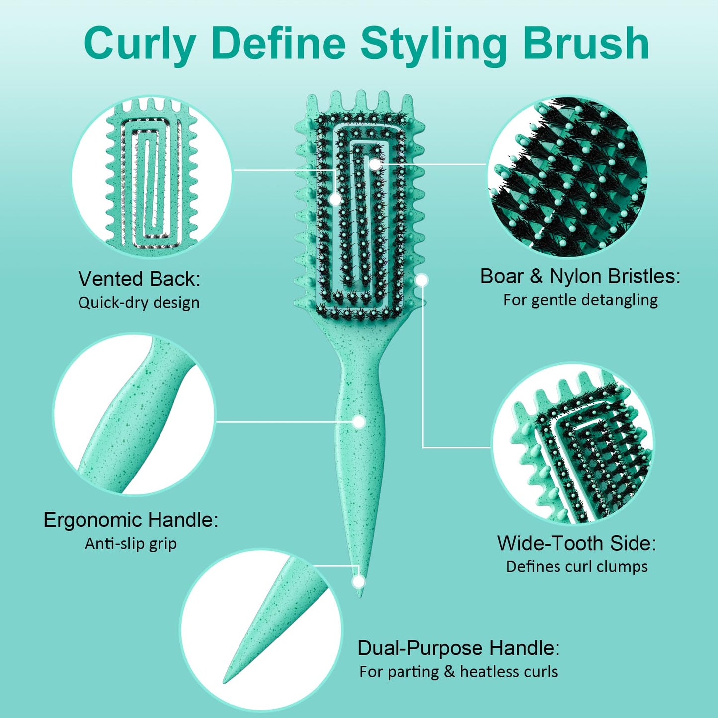 Curl Defining Brush for Curly Hair – Soft Boar Bristles & Wide Teeth for Detangling, Shaping & Defining Curls – For Wet & Dry Hair (Green)