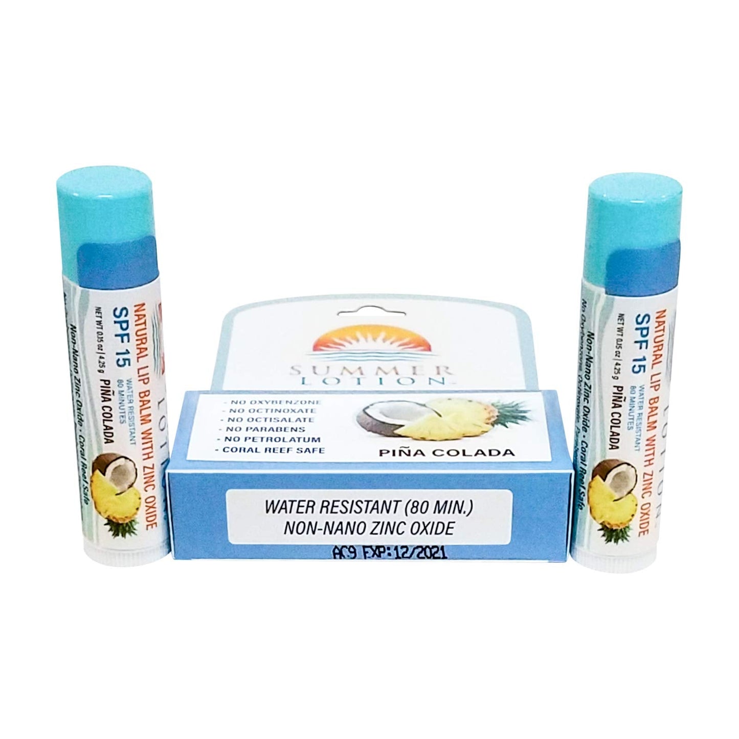 Summer Lotion Natural Lip Balm SPF 15 with Zinc Oxide, Water-Resistant Sunblock Chapstick, 2-Pack Pina Colada Flavor