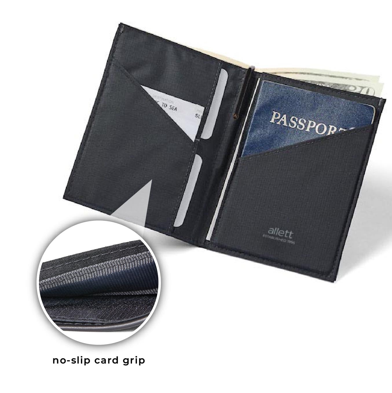 Allett Travel Wallet, Jet Black | Nylon, Thin Bifold, RFID Blocking, Minimalistic, Front Pocket | Holds Up To 10 Cards & Passport | For Men & Women