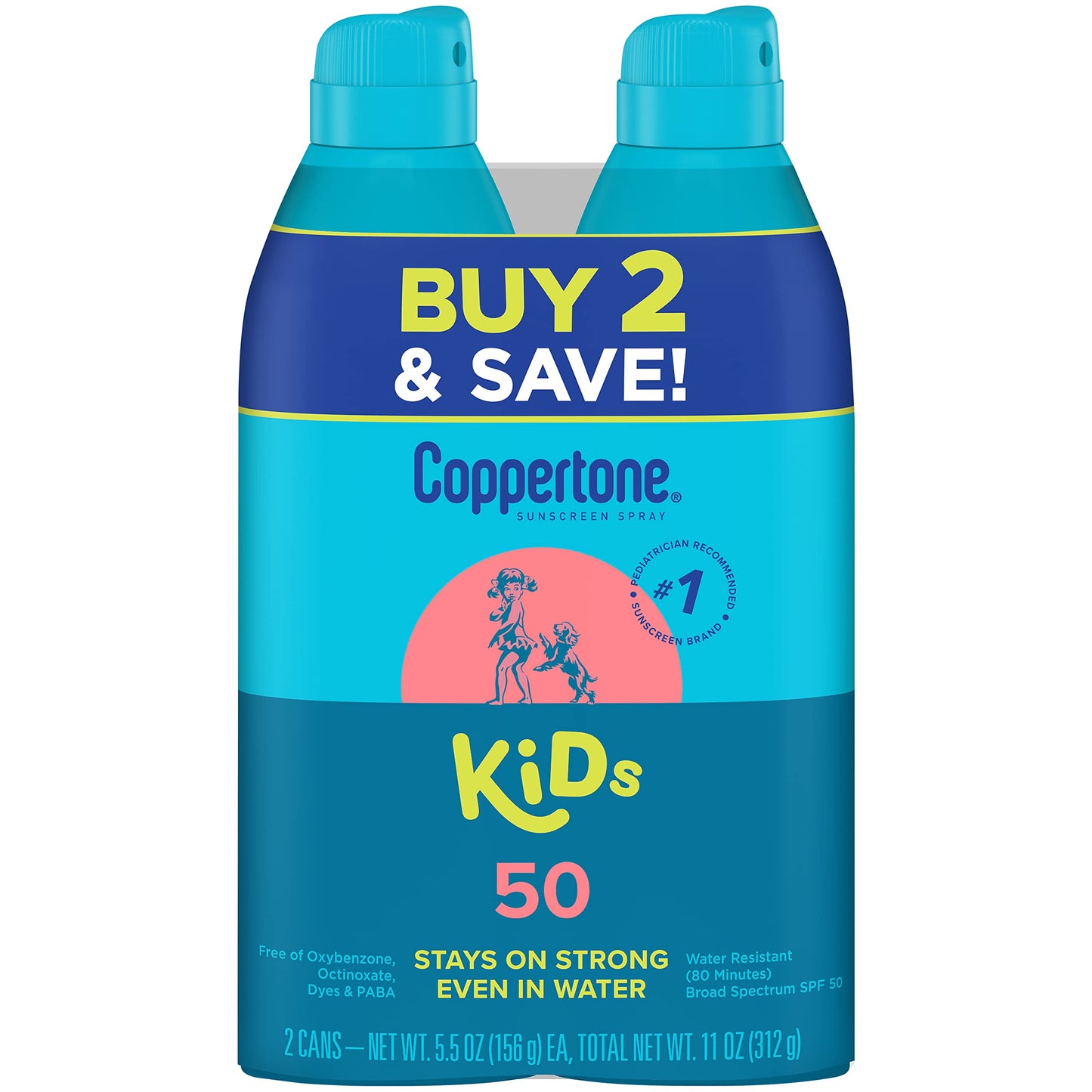 Coppertone KIDS Sunscreen Continuous Spray SPF 50 (5.5 Ounce, Pack of 2) (Packaging may vary)