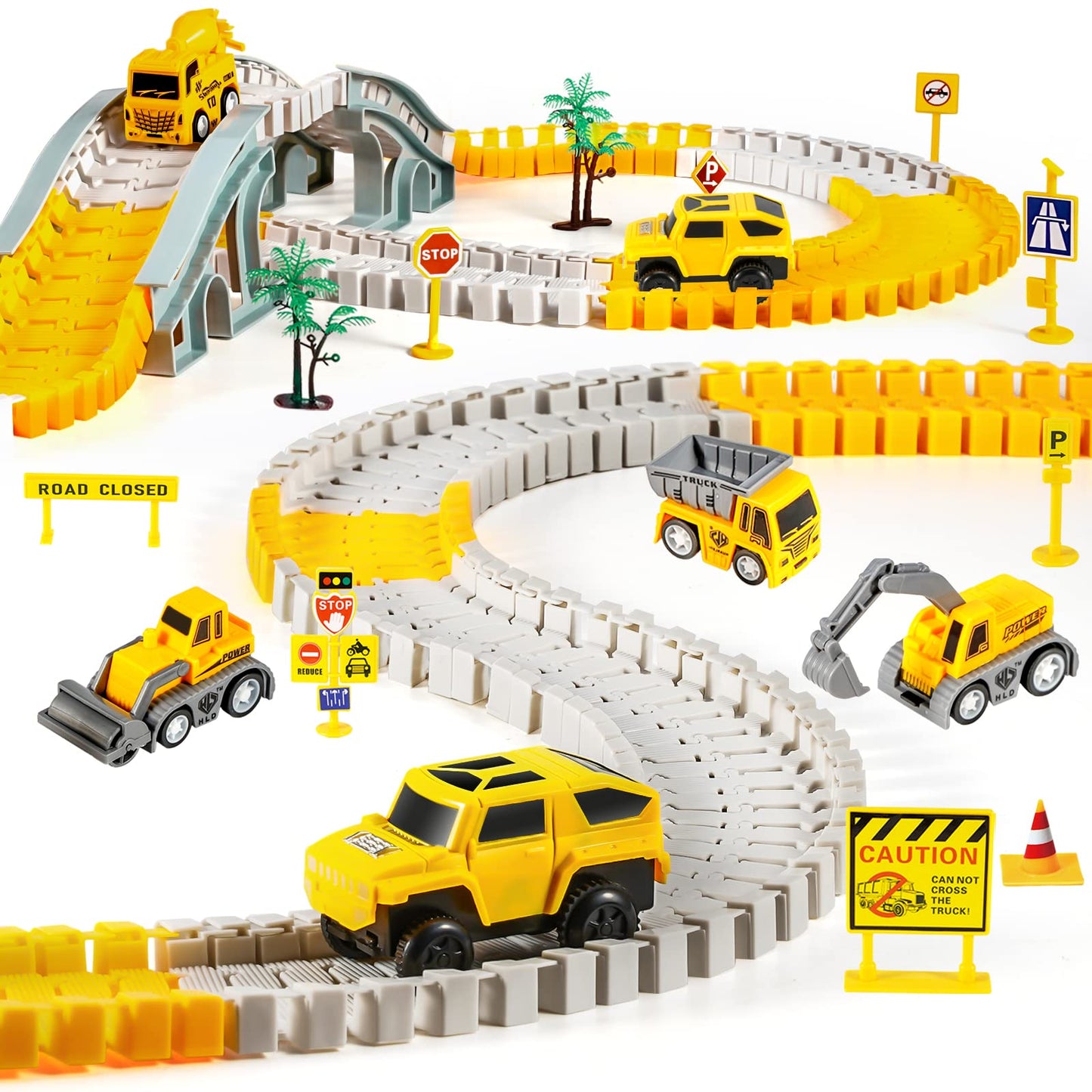 260 PCS Construction Race Track Set for Kids – 2 Electric Cars, 4 Construction Vehicles, Map & Flexible DIY Track, STEM Engineering Toy Ages 3-6