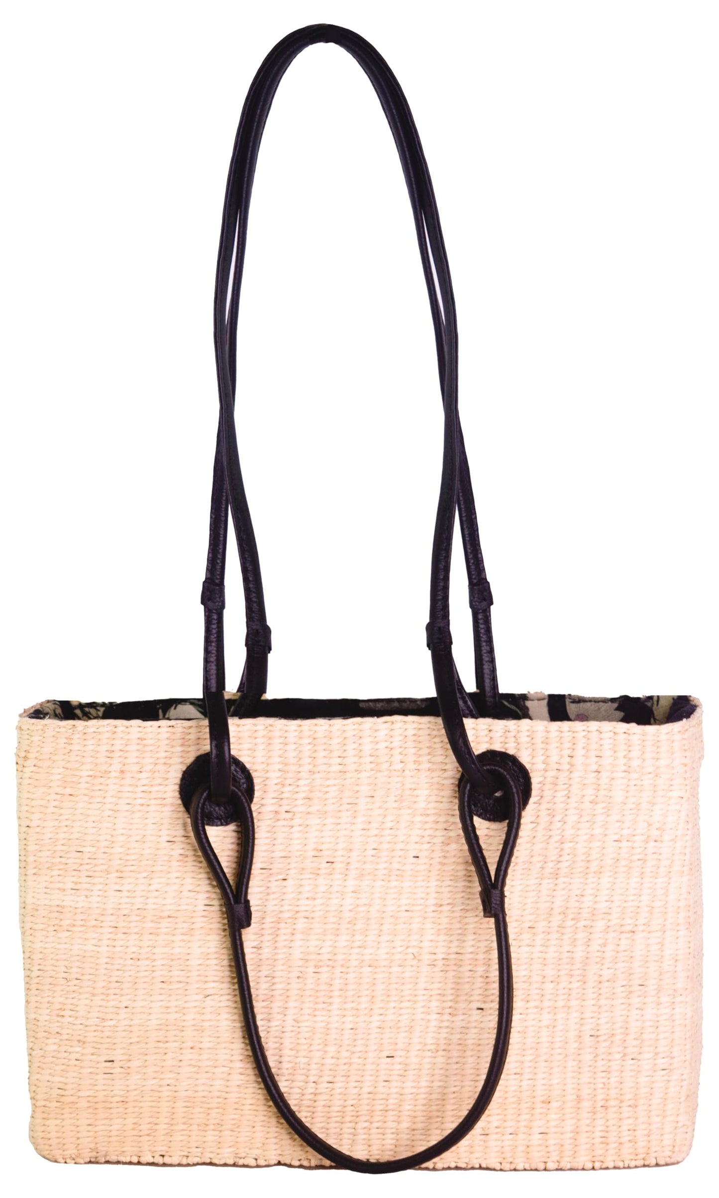 Sensi Studio, Canasta With Leather Handle With Inner Lining, Natural Straw / Black Leather Handles / Japanese Taupe Print Lining