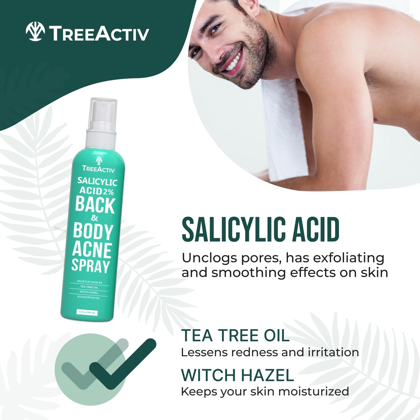TreeActiv Body Acne Spray 4 fl oz – 2% Salicylic Acid with Tea Tree & Aloe Vera, Back & Body Acne Treatment, Butt Acne Clearing, 1000+ Uses