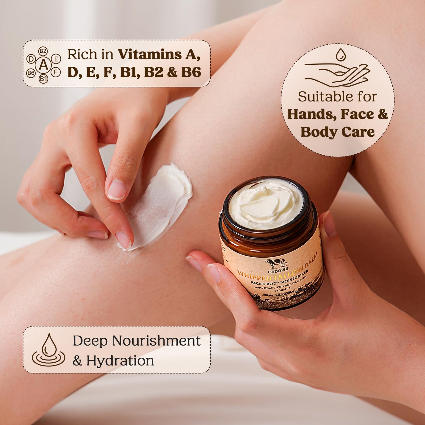 Whipped Grass-Fed Beef Tallow Cream – Handmade Natural Moisturizer with Honey, Shea & Jojoba Oil, Non-Greasy Nourishing Skin Care, 4oz