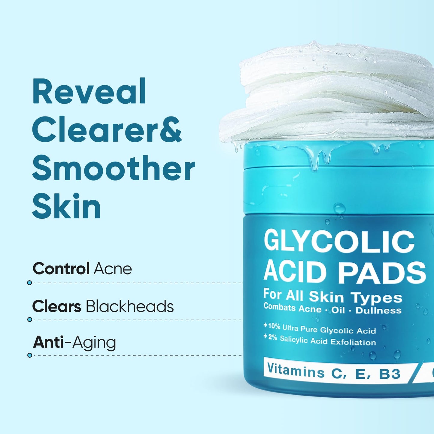 Elvira Glycolic Acid Facial Pads – 10% Glycolic, 2% Salicylic Acid & Niacinamide, 60 Pads Daily Exfoliating Peel for Sensitive Acne Skin