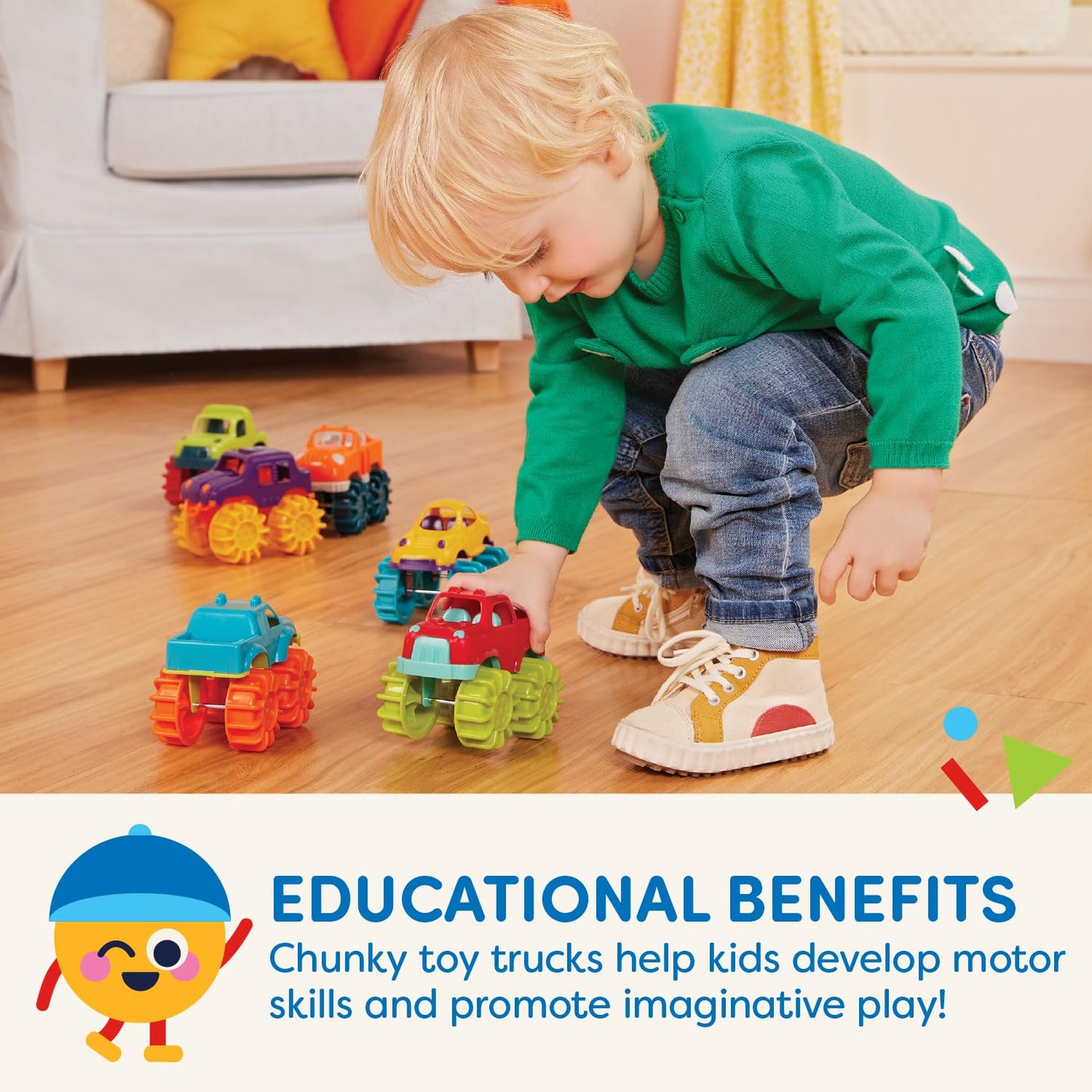 Battat – Plastic Toy Cars – 6 Pack & Storage Bag – Colorful Toddler Trucks – Easy To Clean – 2+ Years – Mini Monster Trucks