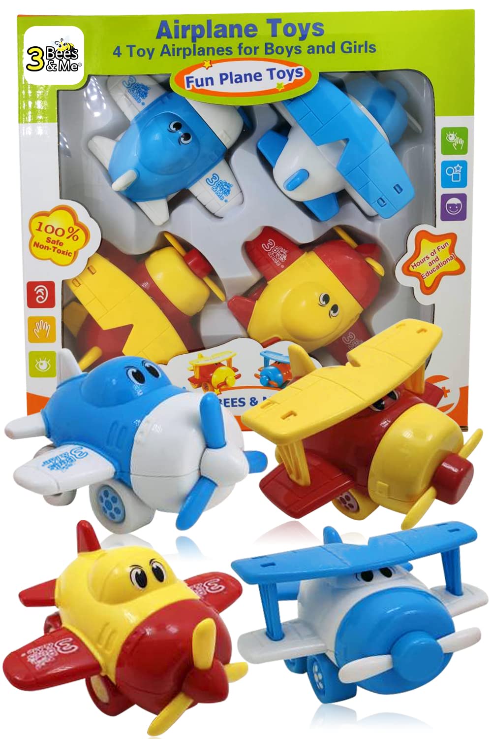 3 Bees & Me Airplane Toys - Set of 4 Toy Airplanes for Boys and Girls - Fun Toys for Toddlers & Kids - Colors May Vary
