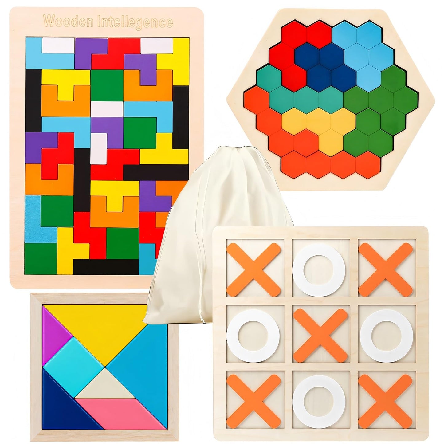 4 Pack Wooden Puzzle Set – Tangram, Hexagon, Russian Blocks & Tic Tac Toe, Brain Teaser Logic Games, Montessori STEM Toys for Kids & Adults