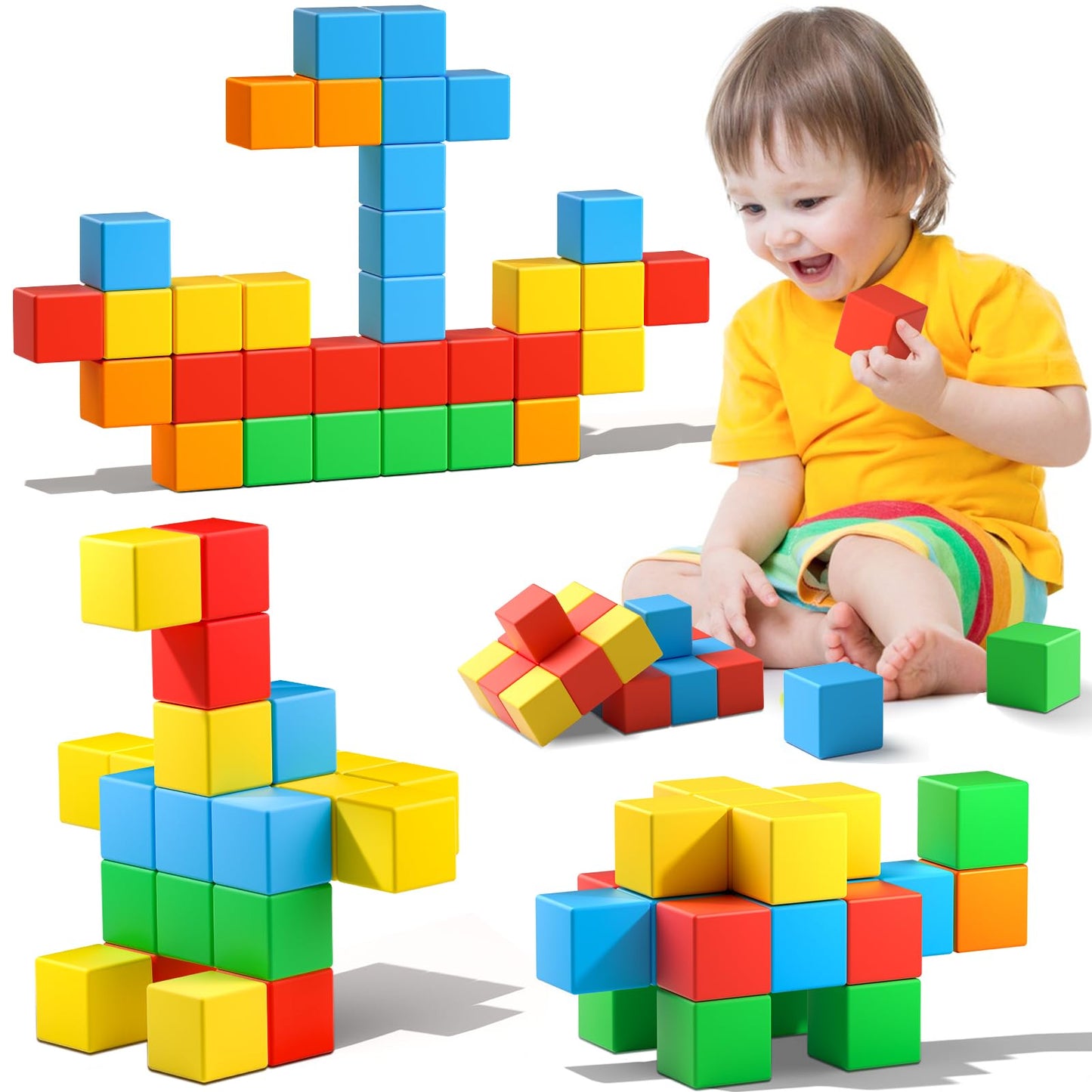 32pcs Large Magnetic Building Blocks for Toddlers & Kids, 1.42" Color Cubes, STEM Learning & Sensory Toy Gift for Ages 1-8
