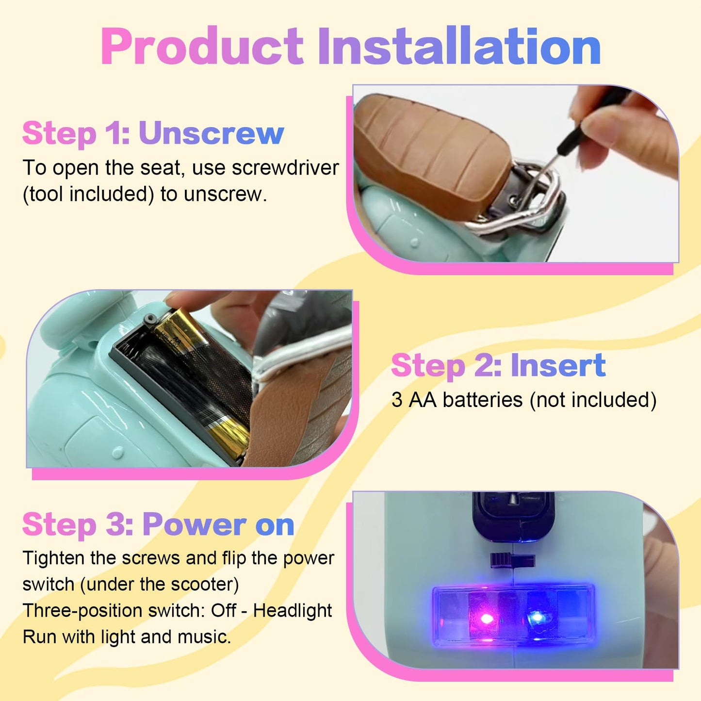 Light-Up Musical Doll Scooter with 360° Rotating Seat – Cute White Motorcycle Accessory for Doll Collectors, Batteries Not Included