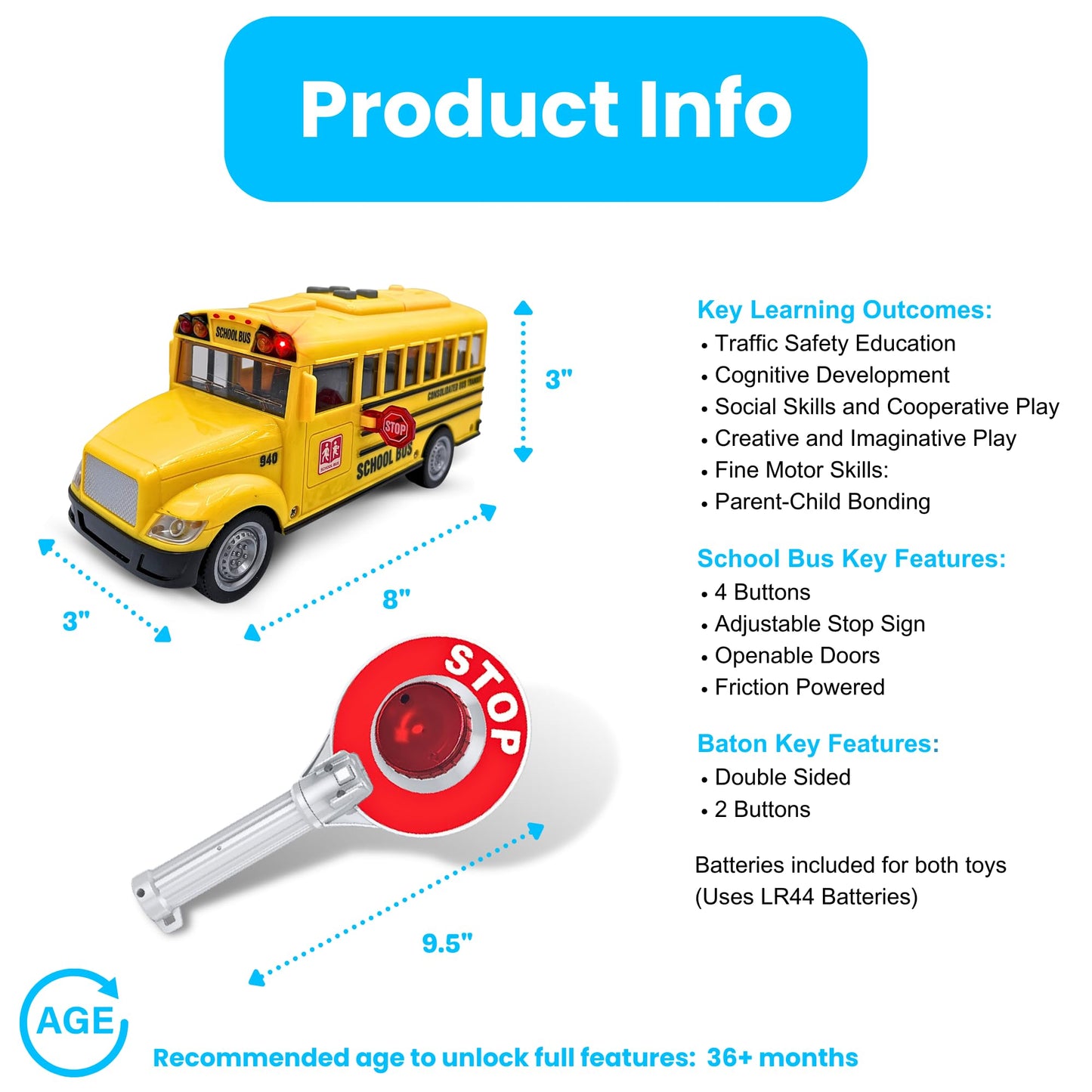 PlenPLAY Yellow School Bus Toy 1:12 Scale – Friction Powered with Lights, Sounds, Opening Doors & Stop Sign, Toddler Preschool Gift