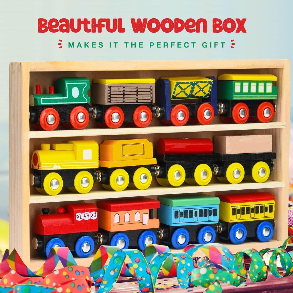 Play22 Wooden Train Set 12 PCS - Magnetic Train Toys with 3 Engines, Compatible with All Major Brands for Toddlers & Kids