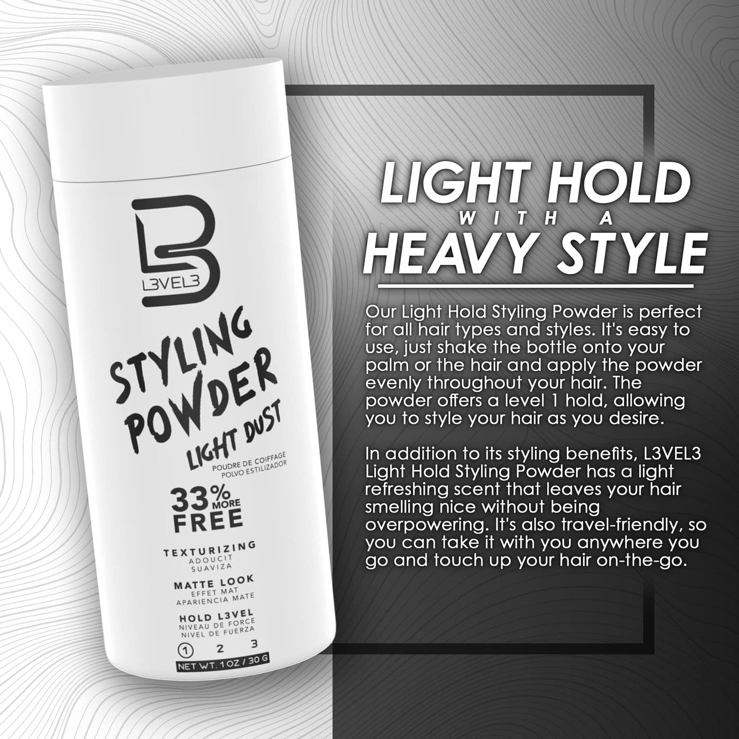 L3 Level 3 Light Hold Styling Powder - Natural Matte Hairstyle - Texturizing and Volumizing (30 Grams)