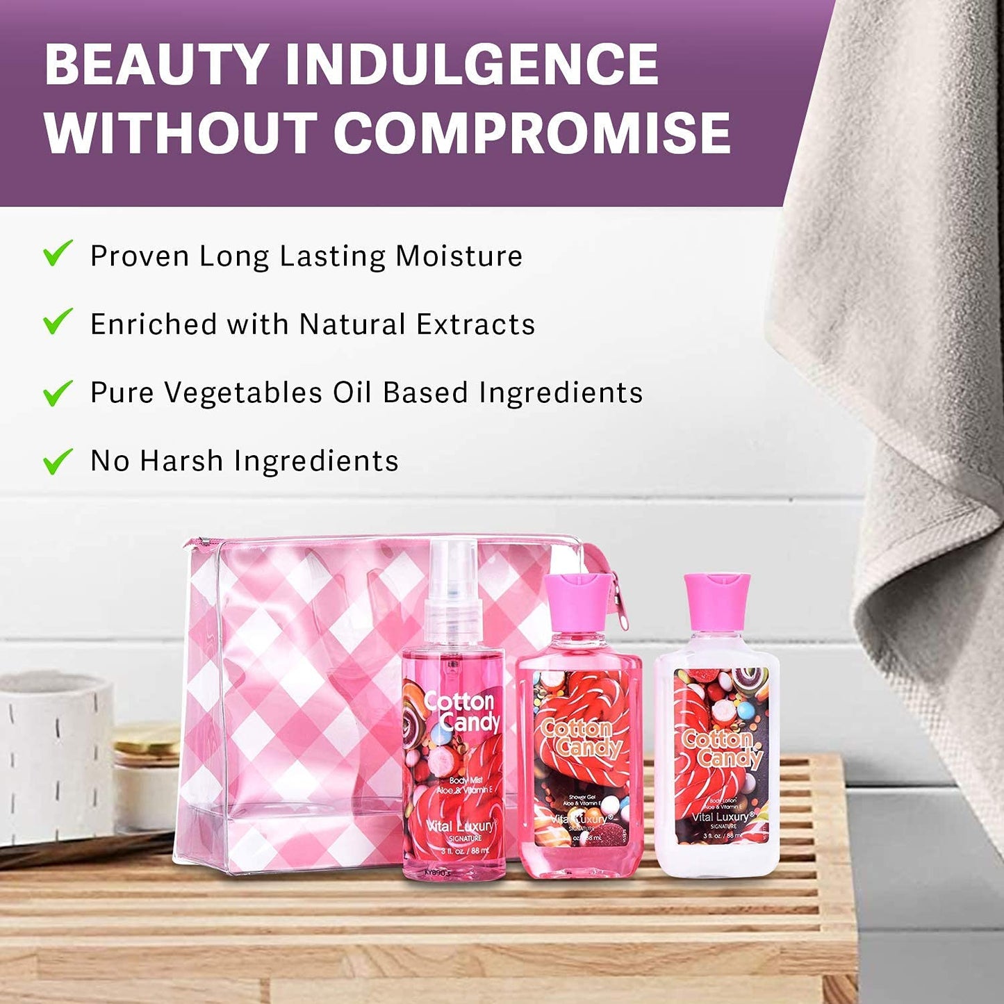 Vital Luxury Cotton Candy Bath & Body Travel Set – Lotion, Shower Gel & Fragrance Mist, Spa Gift for Women, Birthday, Mom & Valentine’s Day