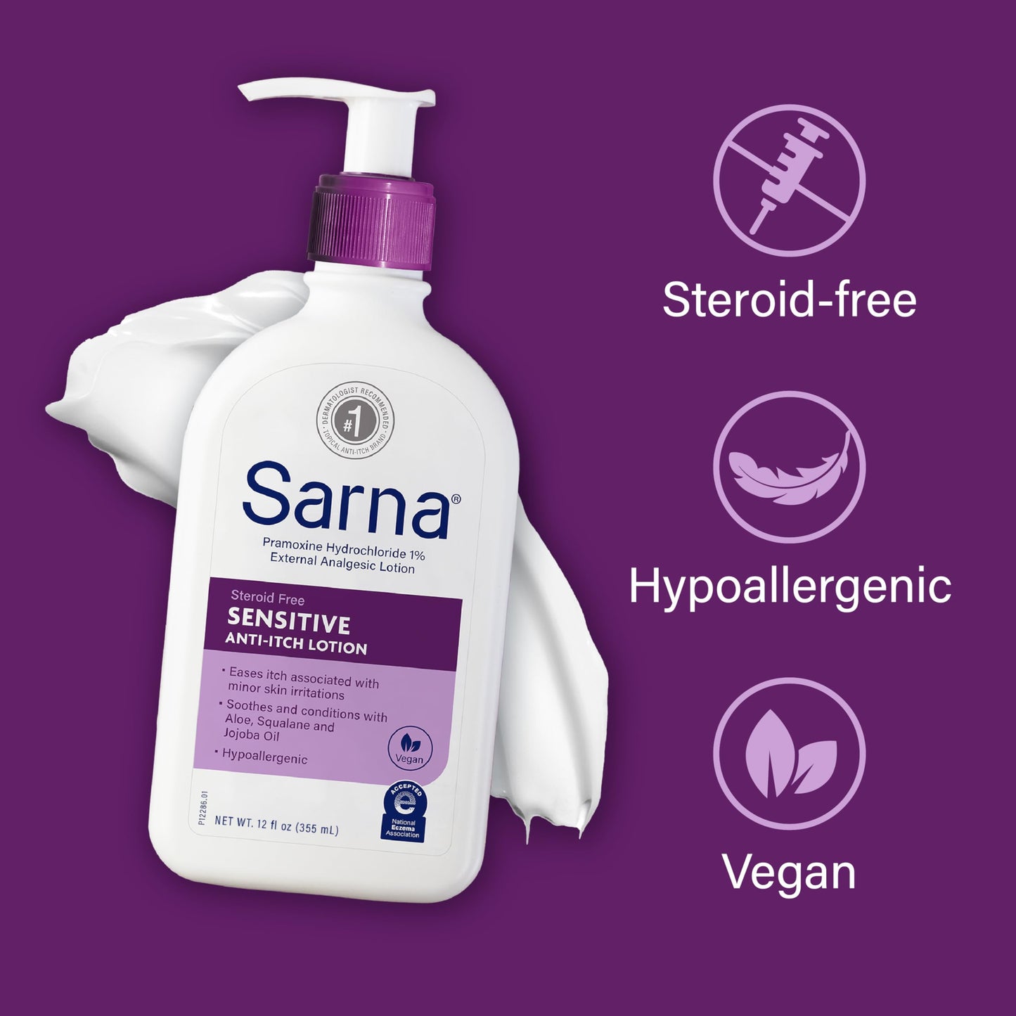 Sarna Sensitive Anti-Itch Lotion – Steroid & Fragrance-Free, Vegan, Hypoallergenic, Eczema-Friendly with 1% Pramoxine Hydrochloride, 12 oz