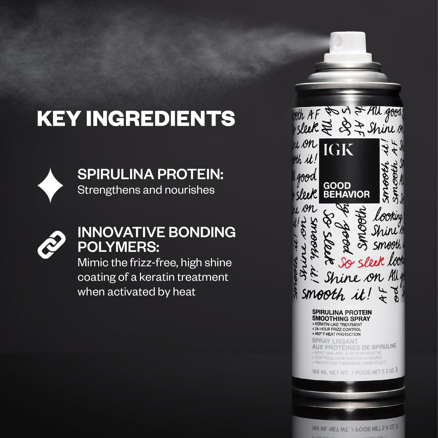 IGK GOOD BEHAVIOR Spirulina Protein Smoothing Spray | Frizz Control + Heat Protectant | Vegan + Cruelty Free | 5.6 Oz